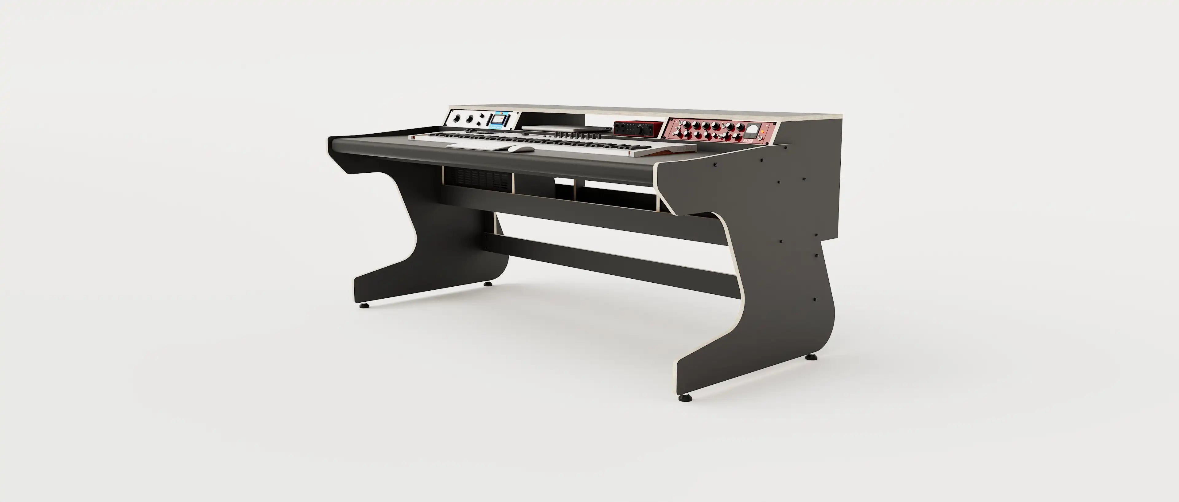 Wide angle view of the Callisto 1922 studio desk for keyboards with padded arm rest and 2x 2 rack units on the desktop. Integrated cable management. Black with expressed  plywood edge.
