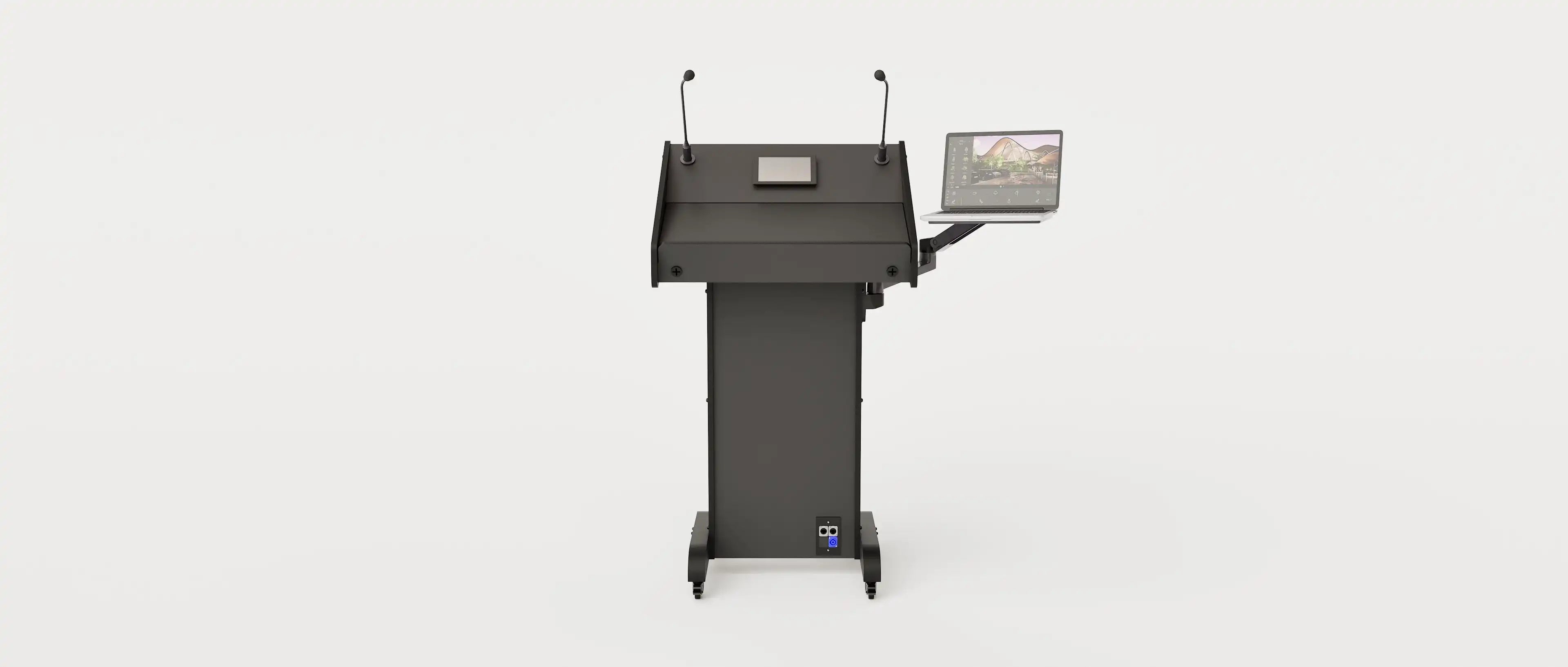 Wide angle front view of Lectern 1. Showing gooseneck mics, touch screen controller, laptop arm and tray, lower audio visual connection plate. Black edge banded finish.