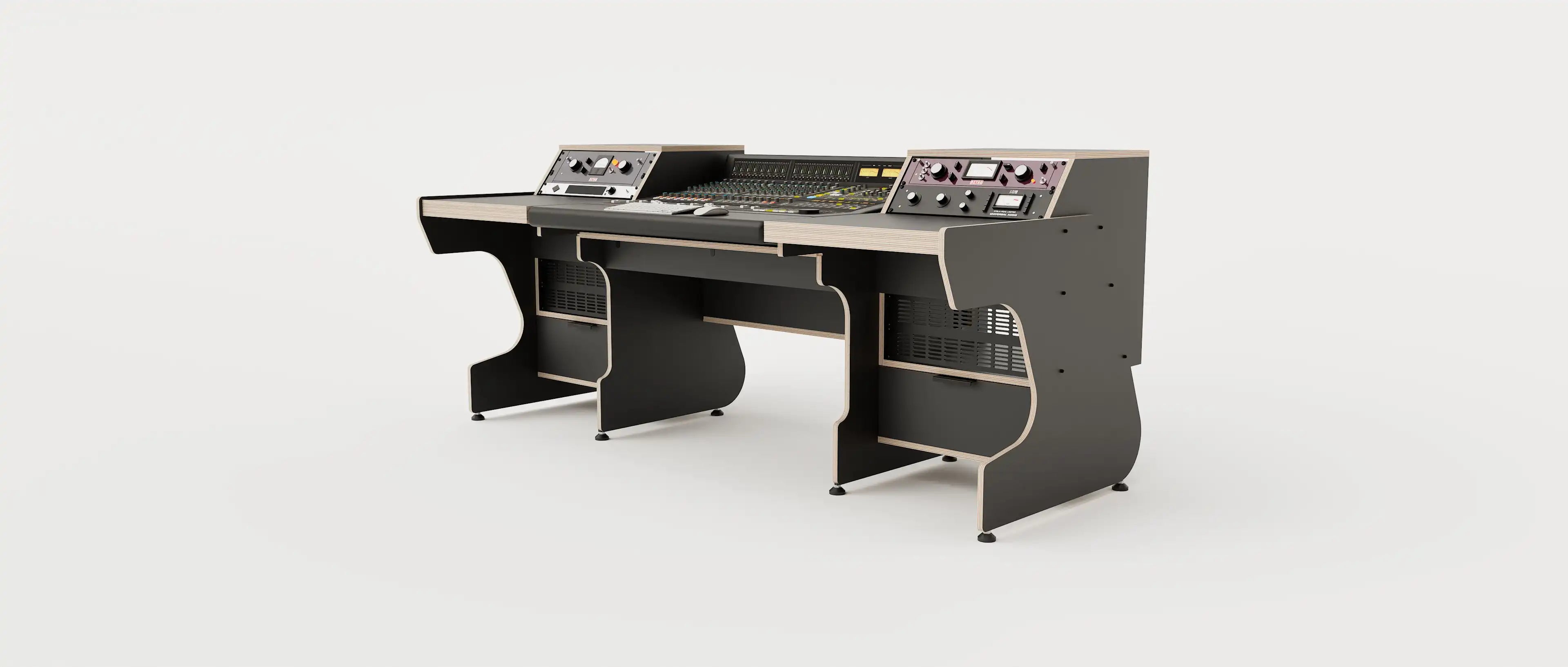 Wide angle view of the Middle Eight custom studio desk for audio consoles with 4x 4 rack units on the desktop and 4x 4 rack under the desktop. Two cabinets for storage. Black with expressed plywood edge. 
