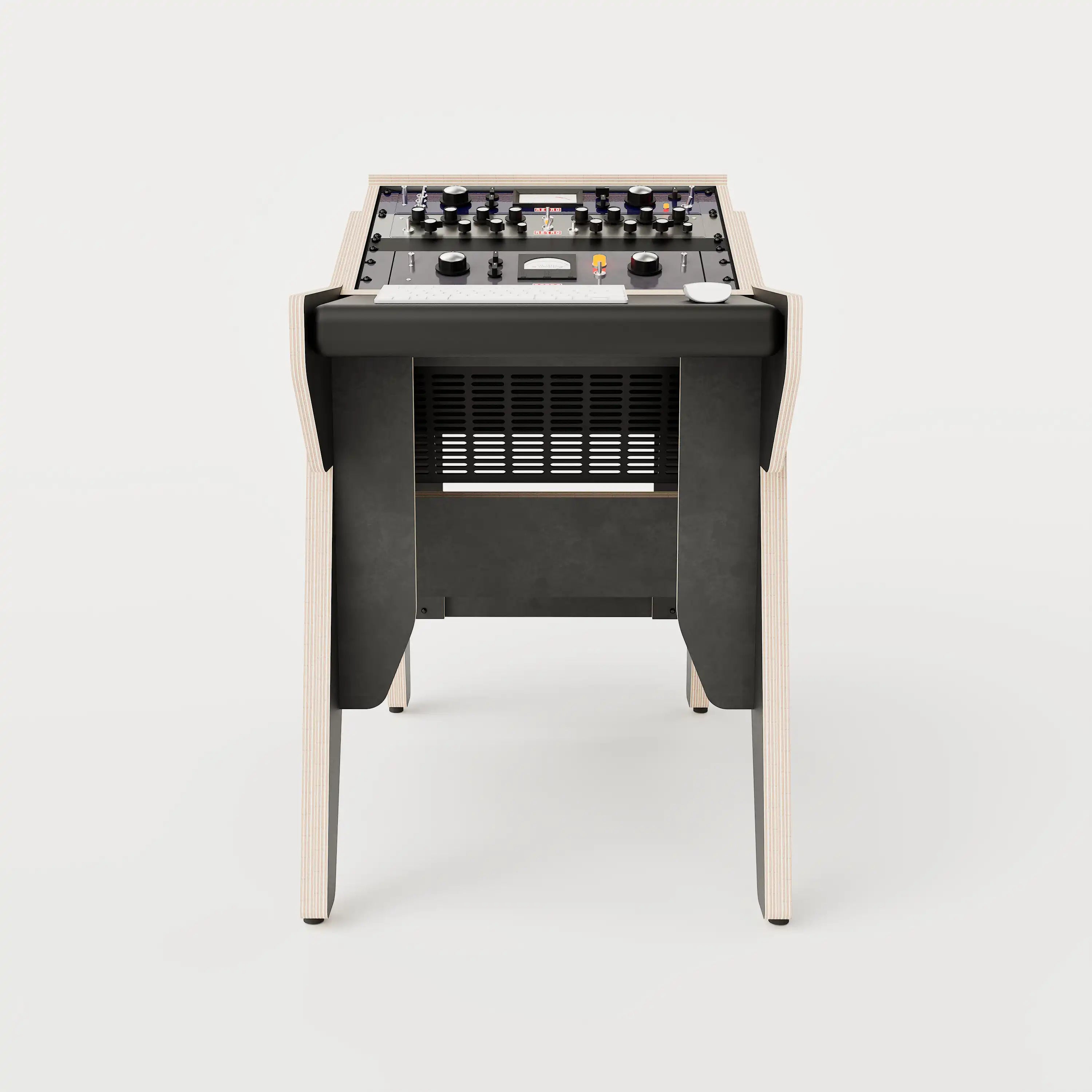 Front view of the Arcade 18 custom studio console sidecar with 8 rack units on the desktop and 4 rack under the desktop. Black with expressed plywood edge. 