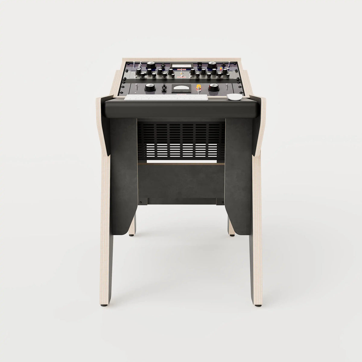 Front view of the Arcade 18 custom studio console sidecar with 8 rack units on the desktop and 4 rack under the desktop. Black with expressed plywood edge. 