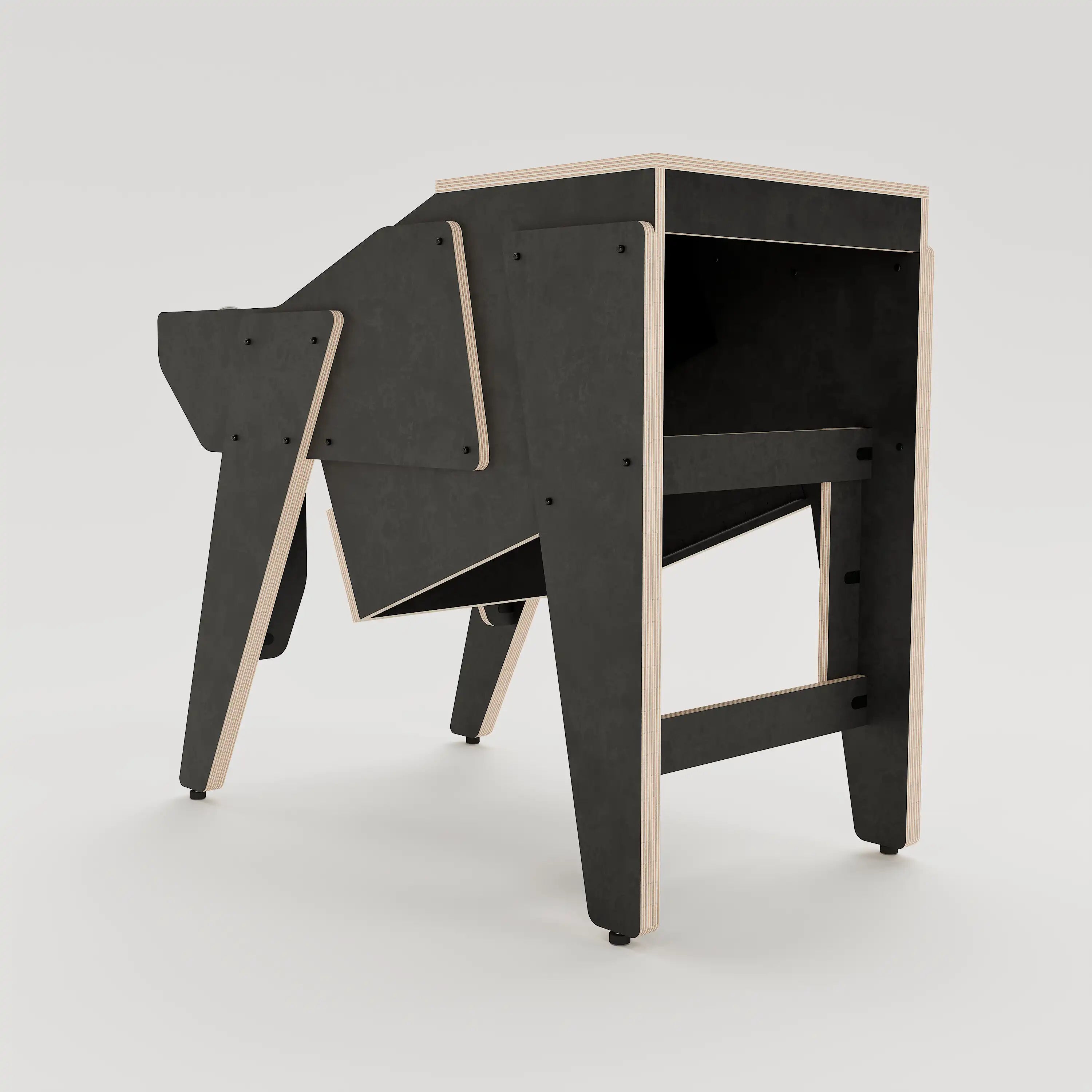 Rear view of the Arcade 18 custom studio console sidecar with 8 rack units on the desktop and 4 rack under the desktop. Black with expressed plywood edge. 