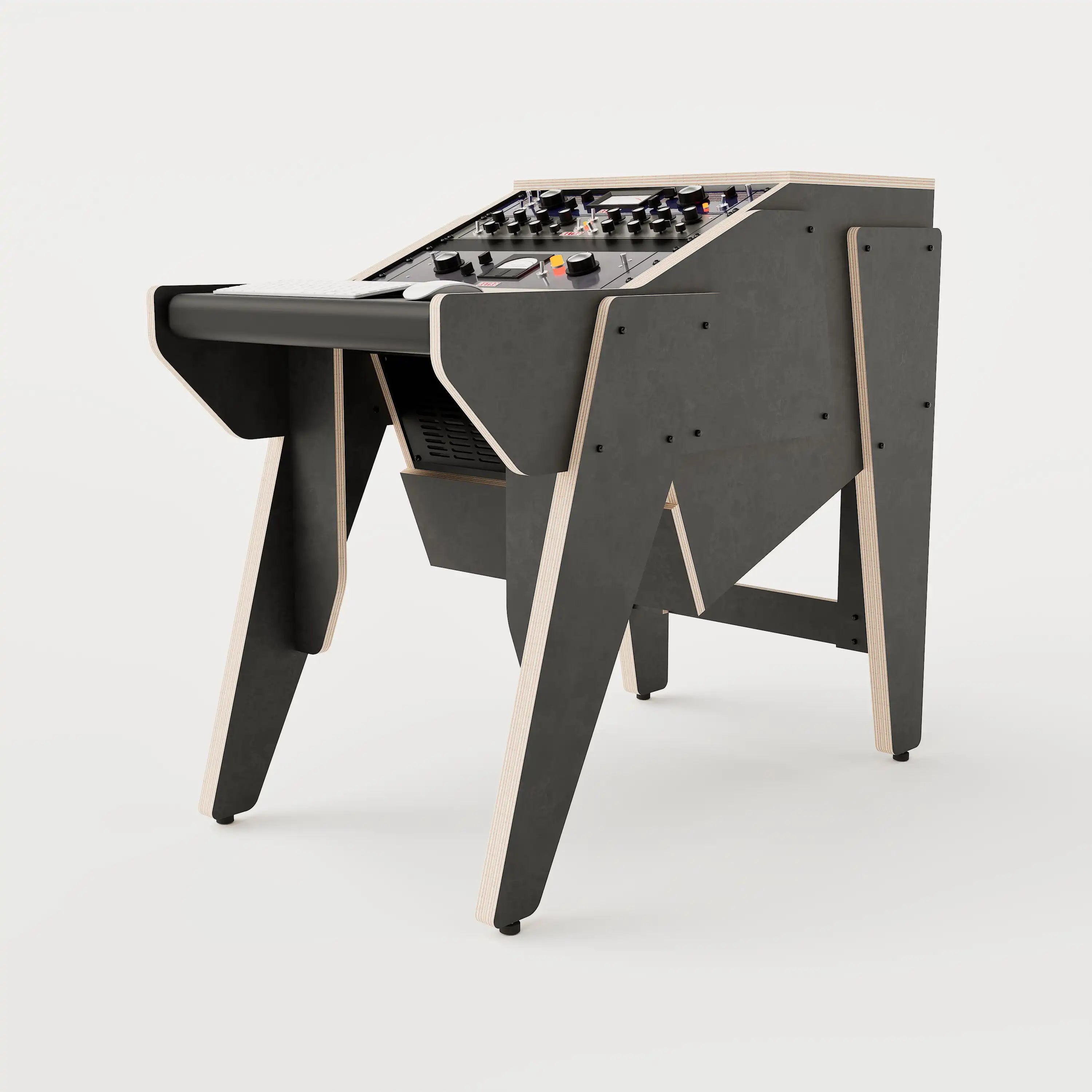 Right view of the Arcade 18 custom studio console sidecar with 8 rack units on the desktop and 4 rack under the desktop. Black with expressed plywood edge. 