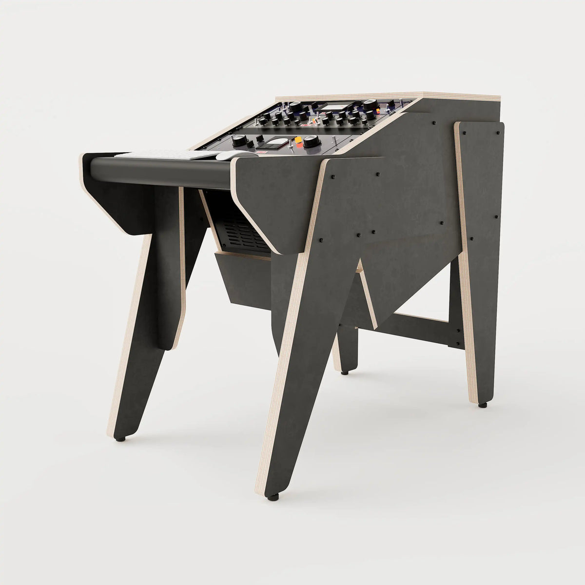 Right view of the Arcade 18 custom studio console sidecar with 8 rack units on the desktop and 4 rack under the desktop. Black with expressed plywood edge. 