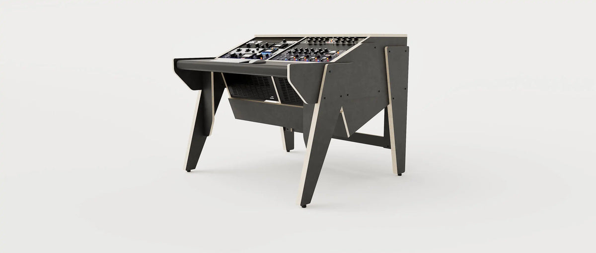 Wide angle view of the Arcade 28 custom studio desk for mastering with 2x 8 rack units on the desktop and 2x 4 rack under the desktop. Black with expressed plywood edge. 