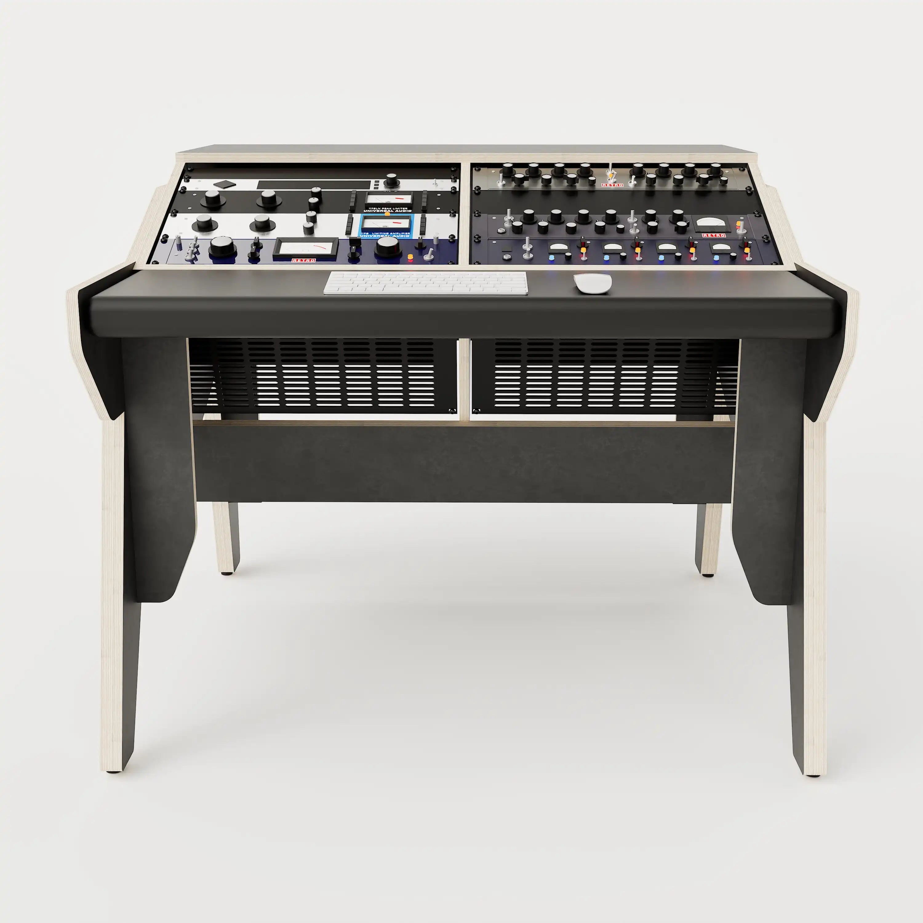 Front view of the Arcade 28 custom studio desk for mastering with 2x 8 rack units on the desktop and 2x 4 rack under the desktop. Black with expressed plywood edge.