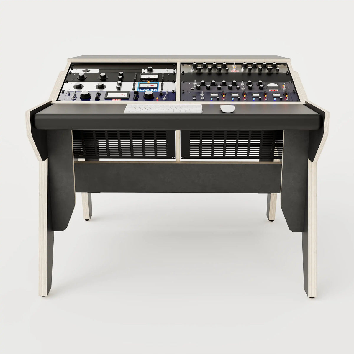 Front view of the Arcade 28 custom studio desk for mastering with 2x 8 rack units on the desktop and 2x 4 rack under the desktop. Black with expressed plywood edge.