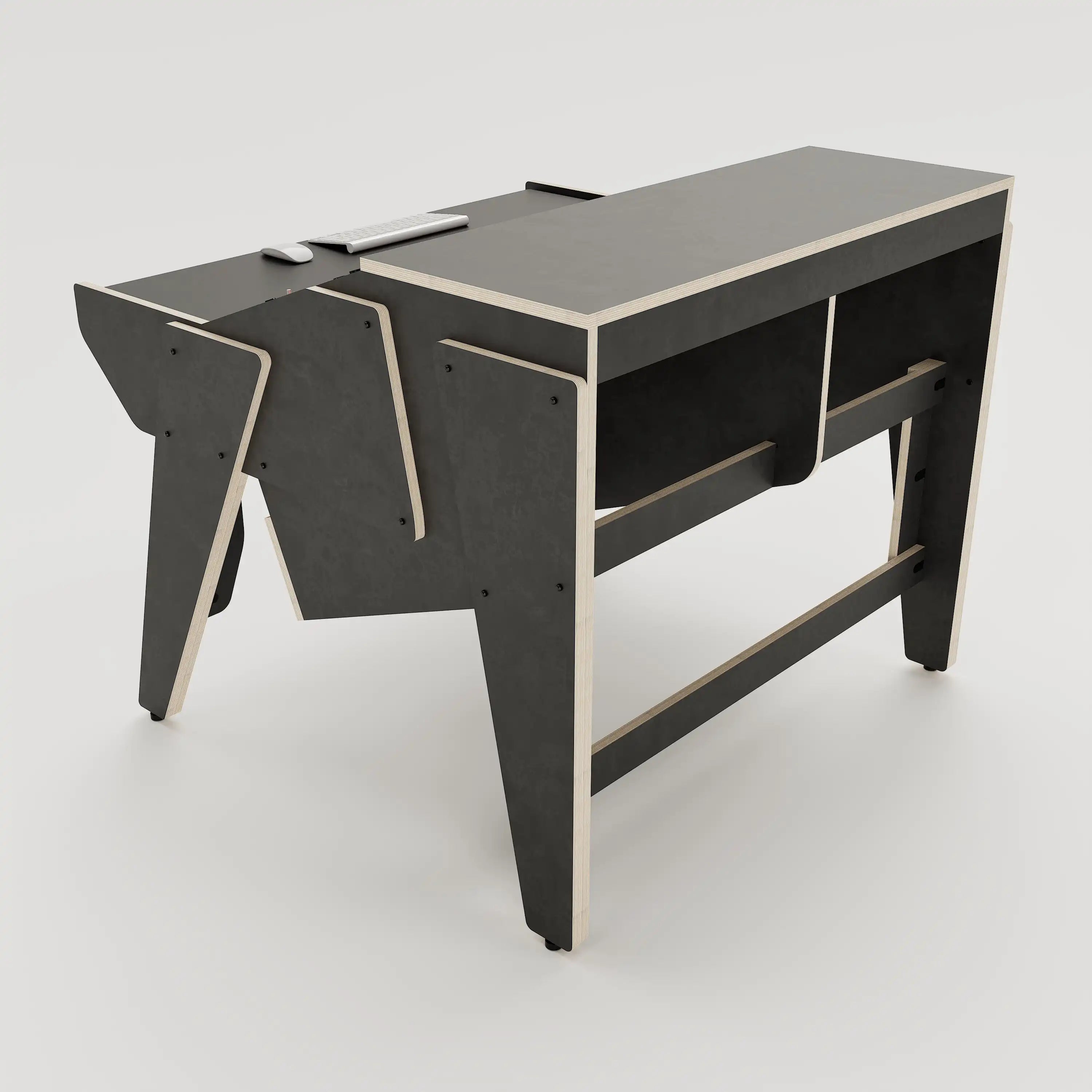 Rear view of the Arcade 28 custom studio desk for mastering with 2x 8 rack units on the desktop and 2x 4 rack under the desktop. Black with expressed plywood edge.