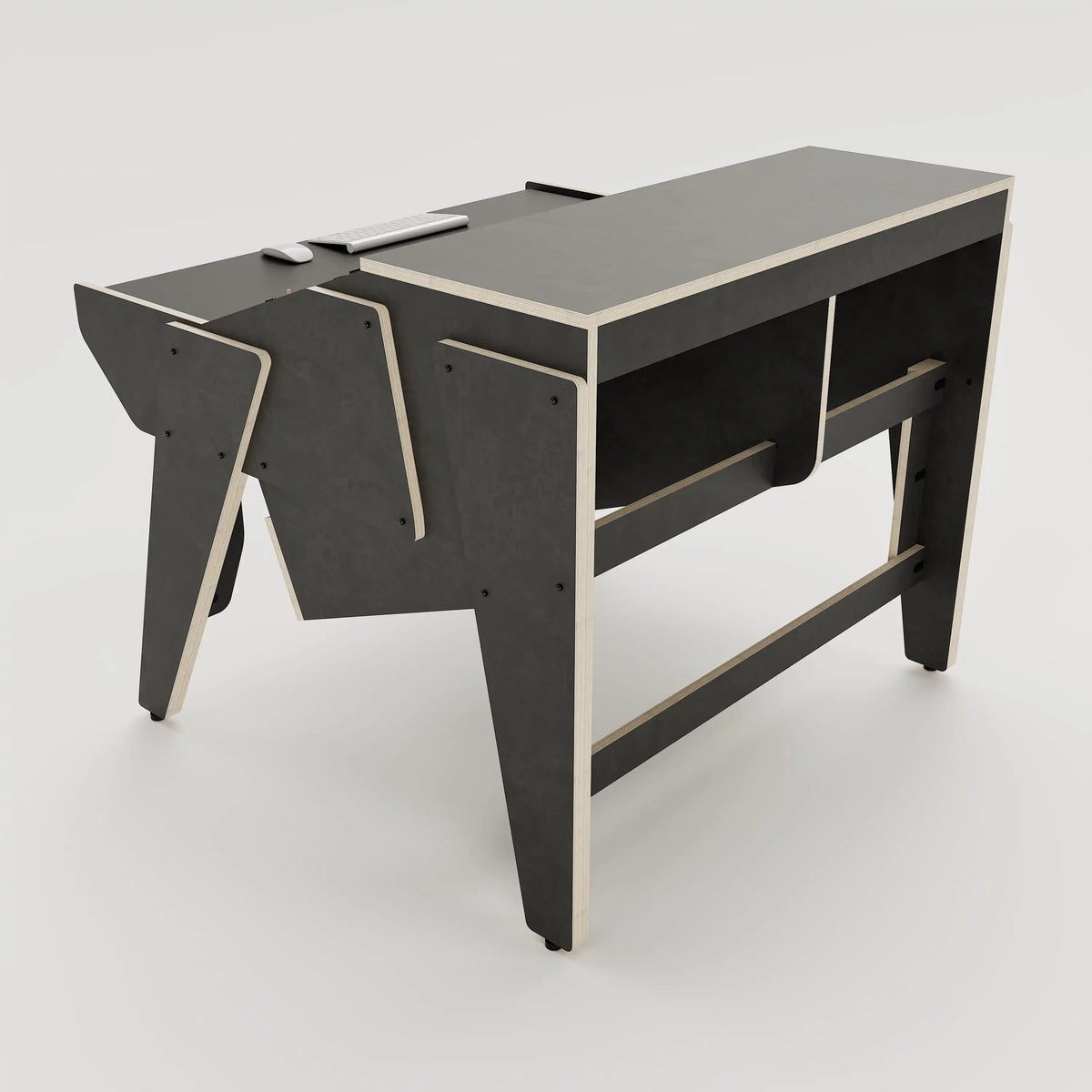 Rear view of the Arcade 28 custom studio desk for mastering with 2x 8 rack units on the desktop and 2x 4 rack under the desktop. Black with expressed plywood edge.