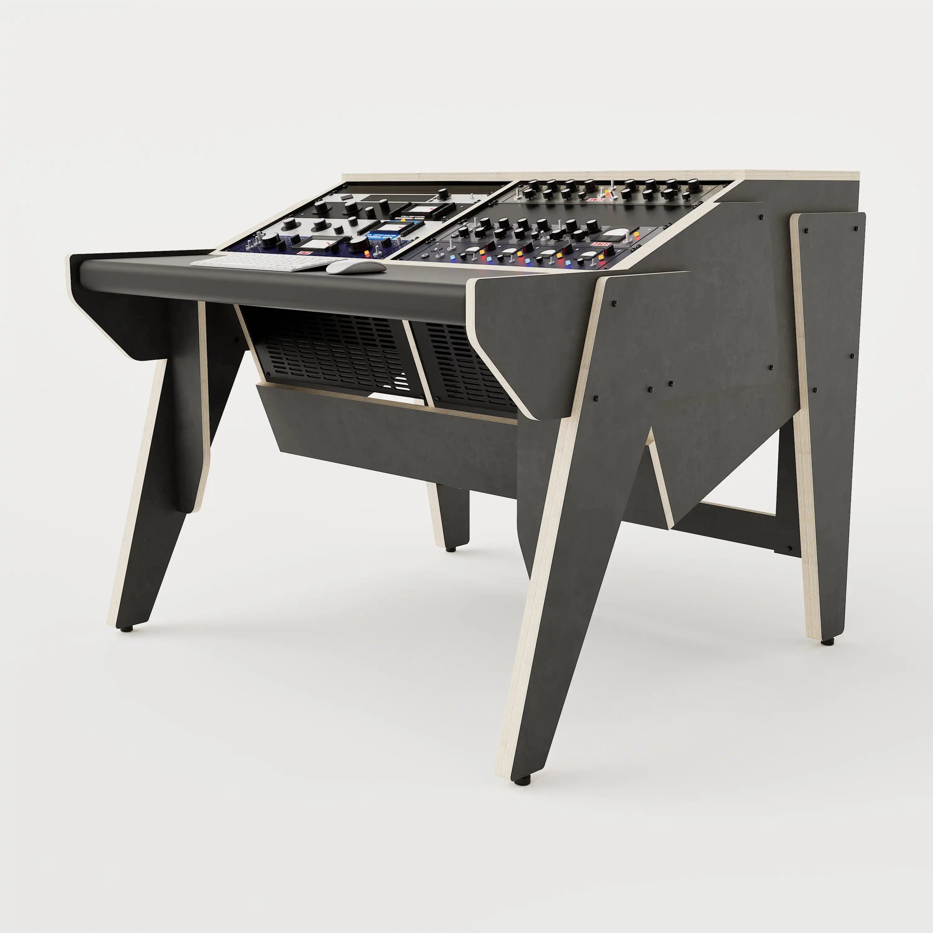 Right view of the Arcade 28 custom studio desk for mastering with 2x 8 rack units on the desktop and 2x 4 rack under the desktop. Black with expressed plywood edge. 