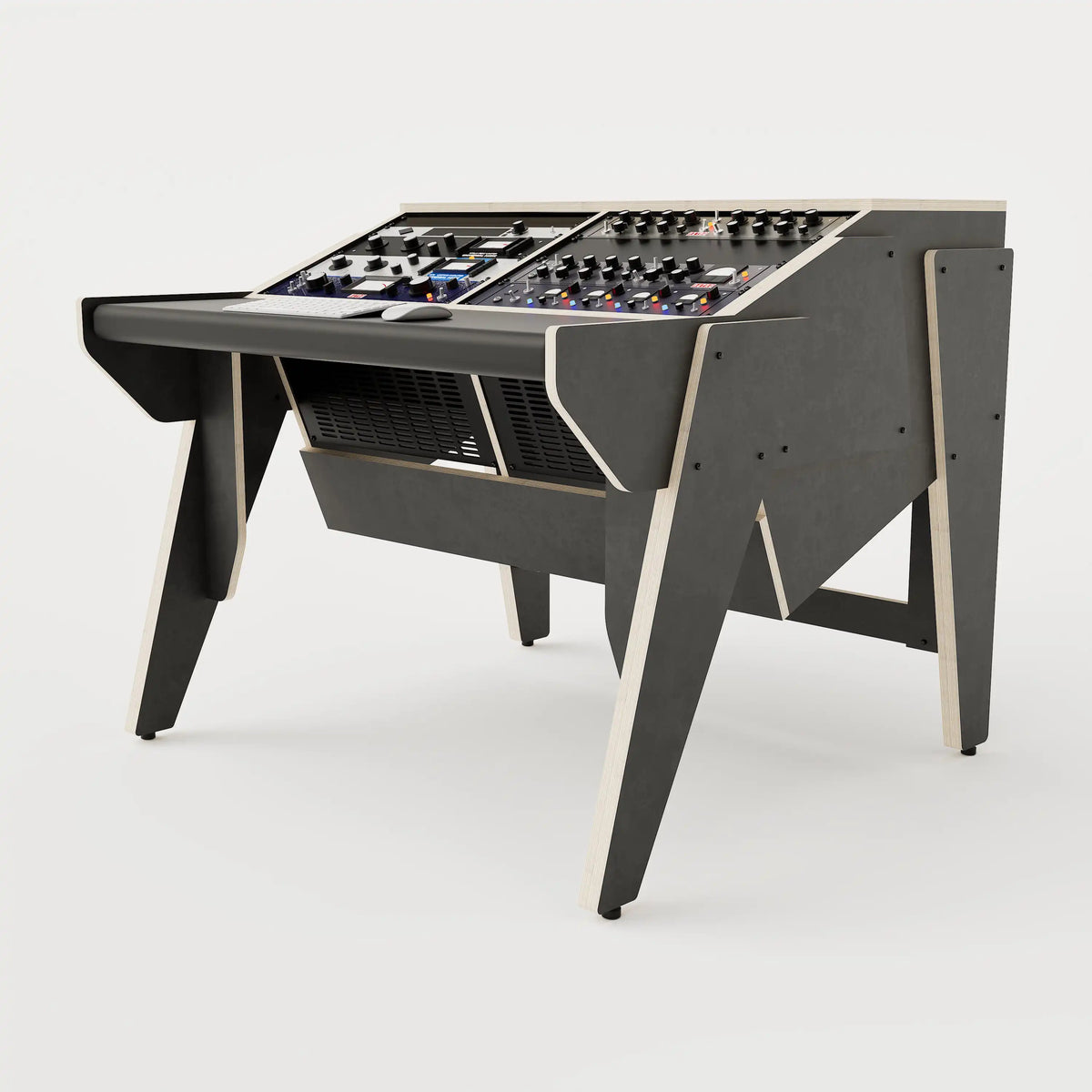 Right view of the Arcade 28 custom studio desk for mastering with 2x 8 rack units on the desktop and 2x 4 rack under the desktop. Black with expressed plywood edge. 
