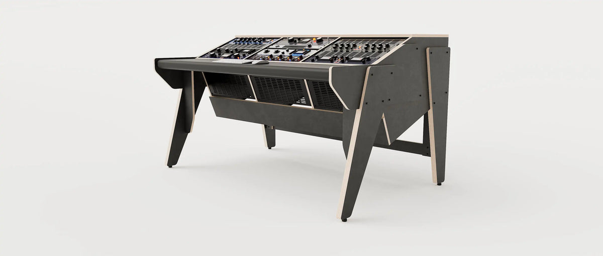 Wide angle view of the Arcade 38 custom studio desk for mastering with 3x 8 rack units on the desktop and 3x 4 rack under the desktop. Black with expressed plywood edge. 