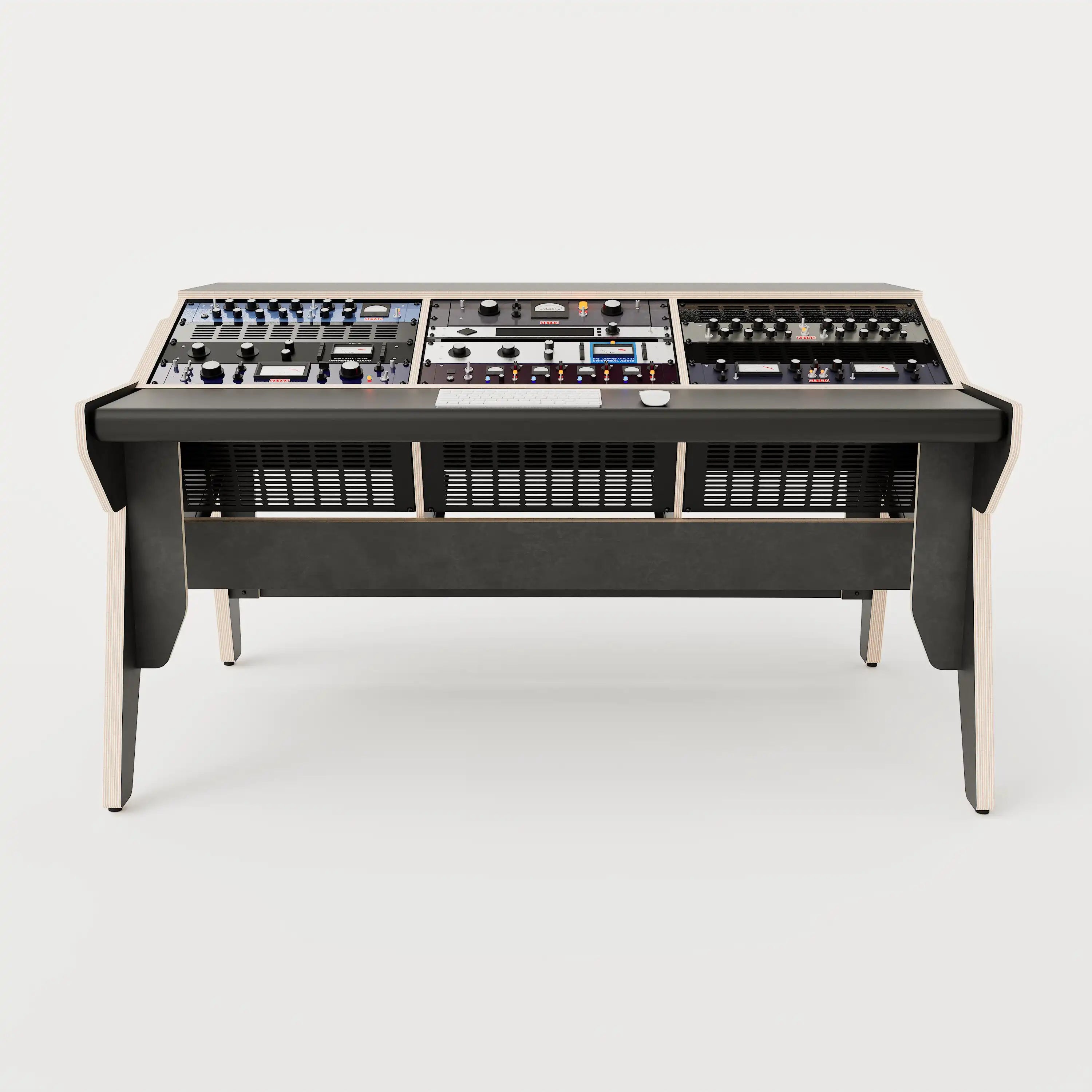 Front view of the Arcade 38 custom studio desk for mastering with 3x 8 rack units on the desktop and 3x 4 rack under the desktop. Black with expressed plywood edge. 