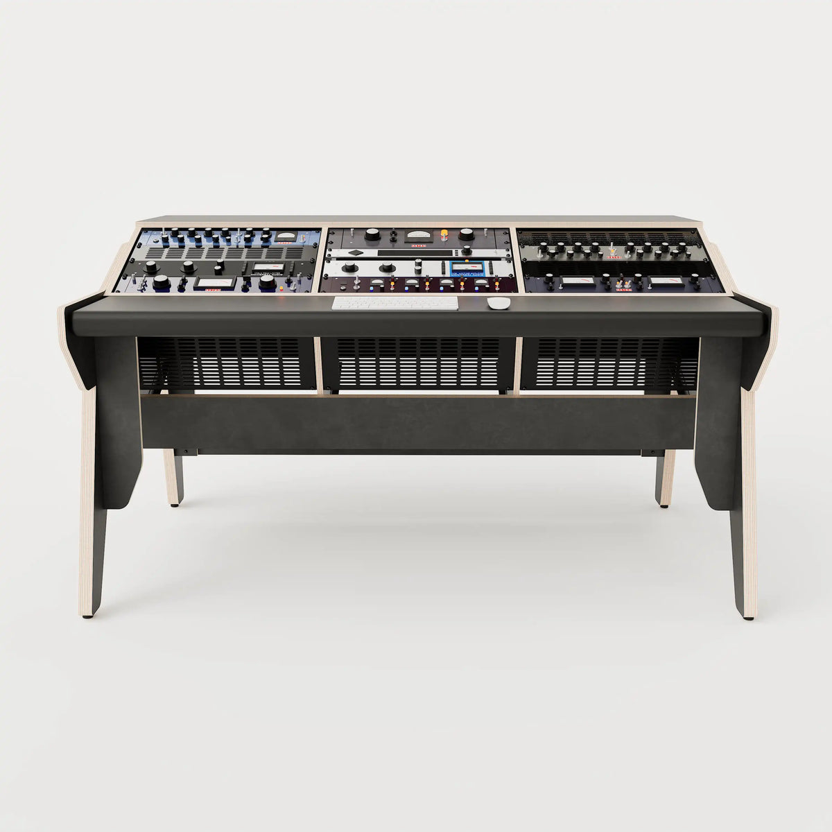 Front view of the Arcade 38 custom studio desk for mastering with 3x 8 rack units on the desktop and 3x 4 rack under the desktop. Black with expressed plywood edge. 