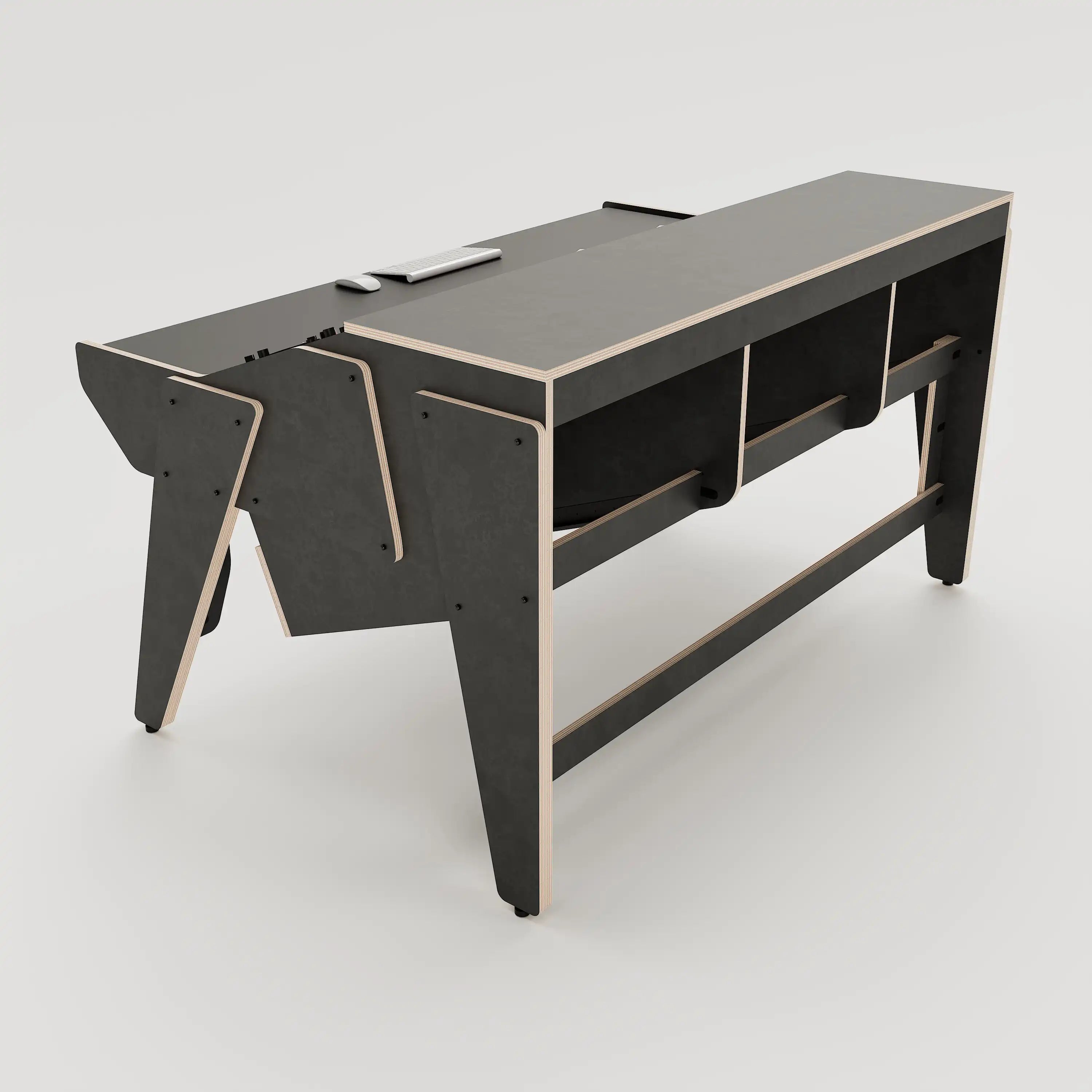 Rear view of the Arcade 38 custom studio desk for mastering with 3x 8 rack units on the desktop and 3x 4 rack under the desktop. Black with expressed plywood edge. 