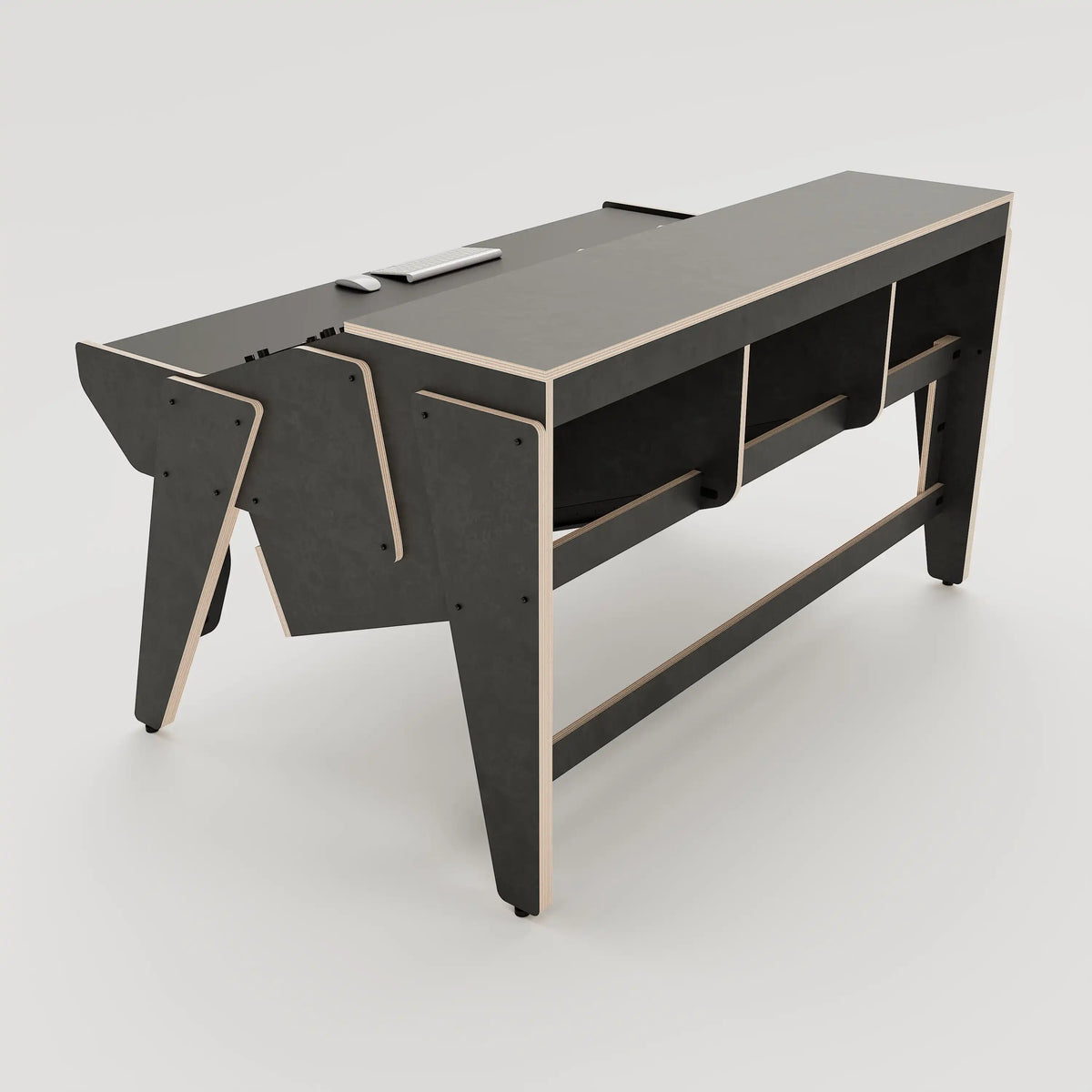 Rear view of the Arcade 38 custom studio desk for mastering with 3x 8 rack units on the desktop and 3x 4 rack under the desktop. Black with expressed plywood edge. 