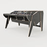 Right view of the Arcade 38 custom studio desk for mastering with 3x 8 rack units on the desktop and 3x 4 rack under the desktop. Black with expressed plywood edge. 