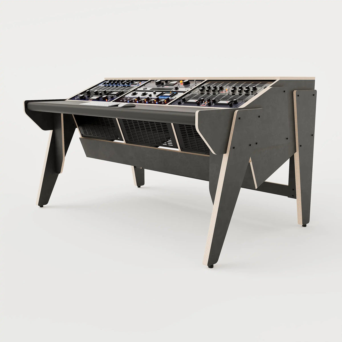 Right view of the Arcade 38 custom studio desk for mastering with 3x 8 rack units on the desktop and 3x 4 rack under the desktop. Black with expressed plywood edge. 