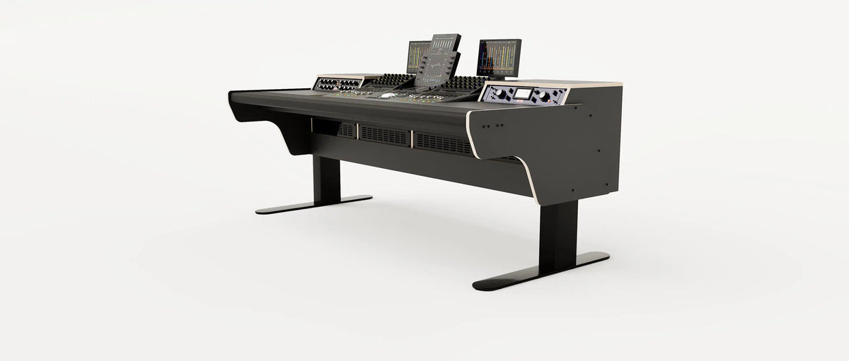 Wide angle view of the Binary premium studio desk for Avid S4 with padded arm rest and 4x 2 rack units on the desktop. Integrated cable management and powder coated steel legs. Black with expressed plywood edge