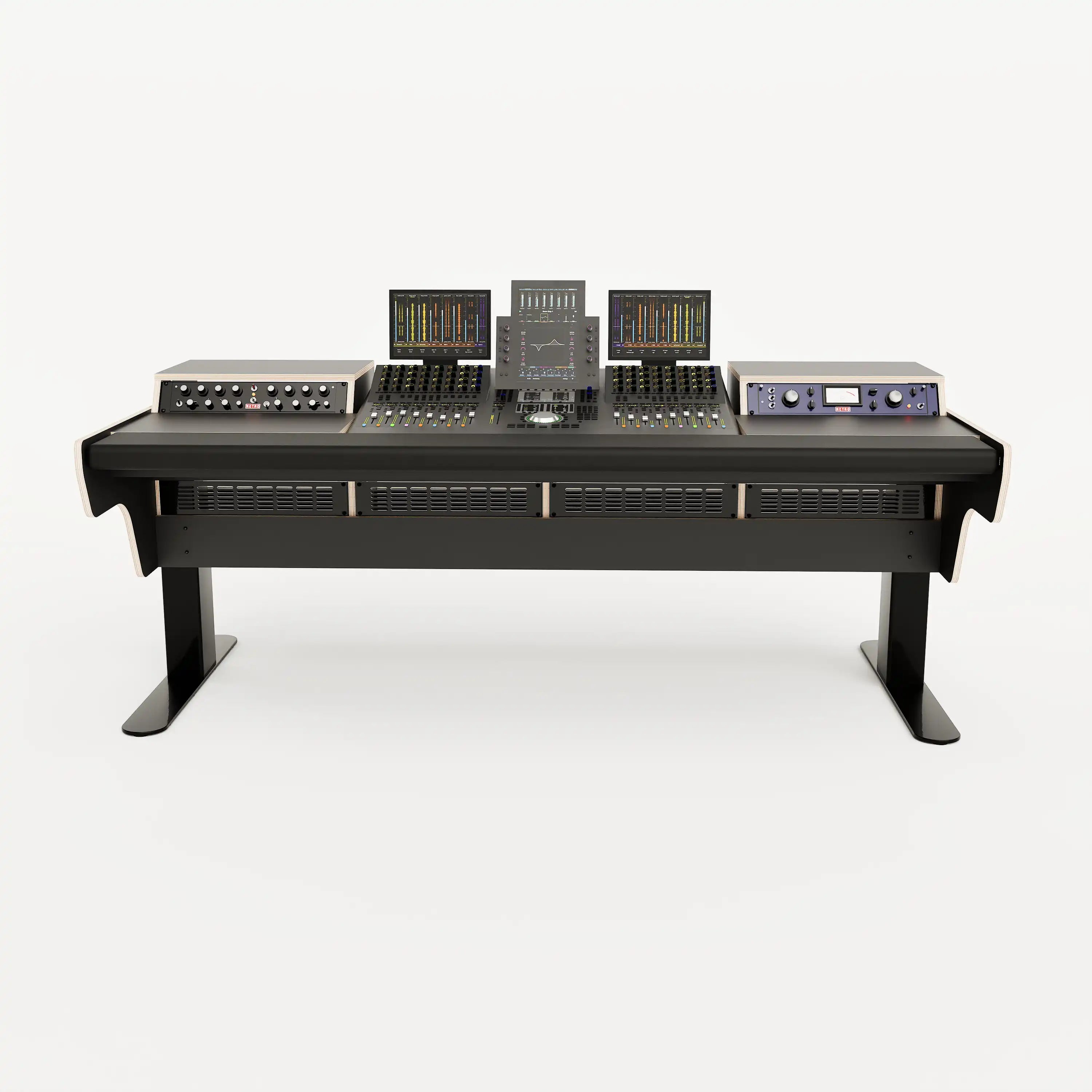 Front view of the Binary premium studio desk for Avid S4 with padded arm rest and 4x 2 rack units on the desktop. Integrated cable management and powder coated steel legs. Black with expressed plywood edge