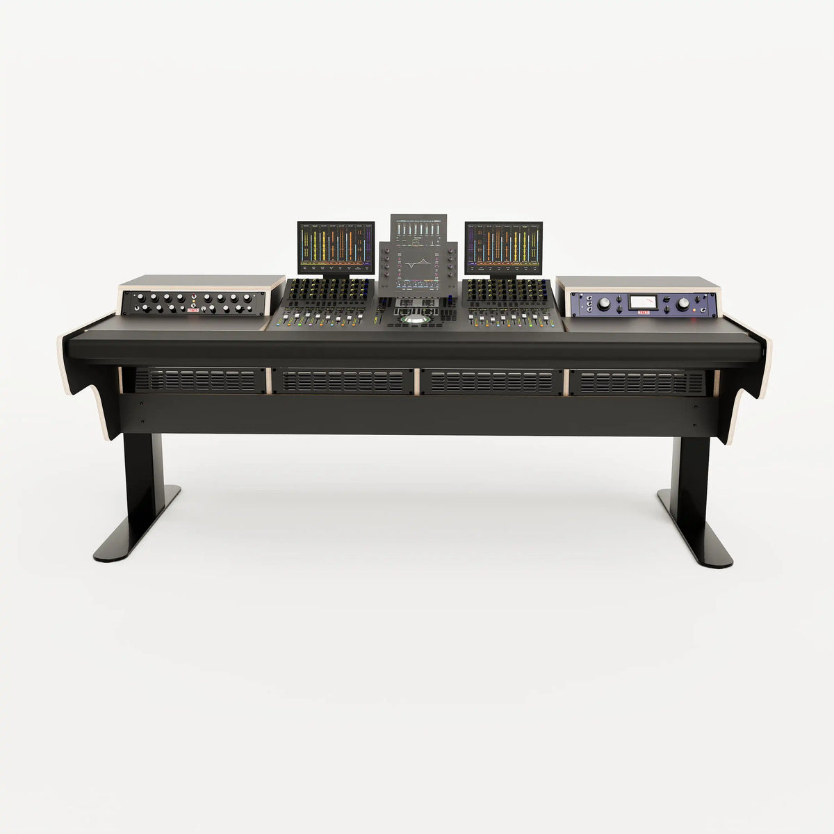 Front view of the Binary premium studio desk for Avid S4 with padded arm rest and 4x 2 rack units on the desktop. Integrated cable management and powder coated steel legs. Black with expressed plywood edge
