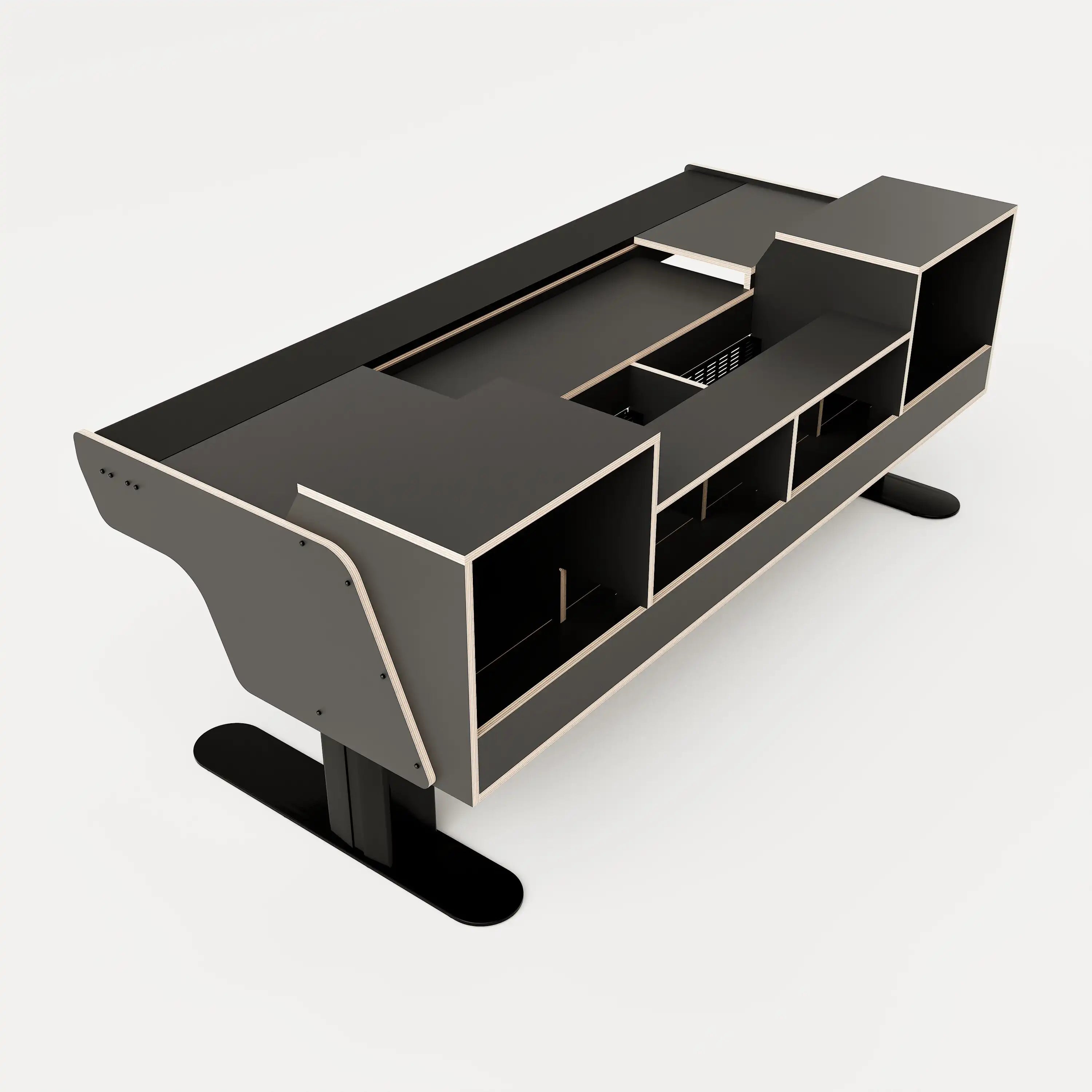 Rear view of the Binary premium studio desk for mixing consoles with padded arm rest and 2x 2 rack units on the desktop. Integrated cable management and powder coated steel legs. Black with expressed plywood edge.