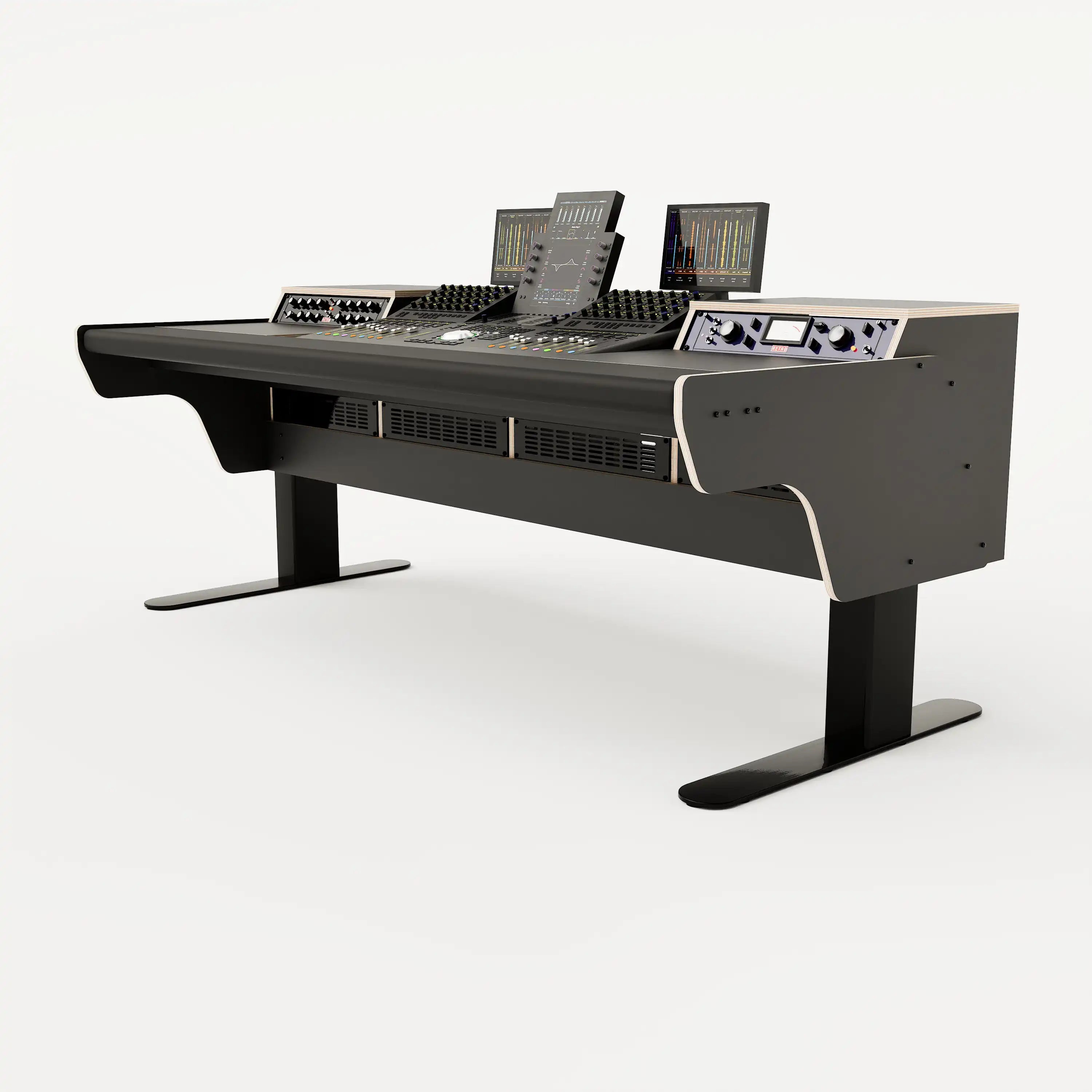 Right side view of the Binary premium studio desk for Avid S4 with padded arm rest and 4x 2 rack units on the desktop. Integrated cable management and powder coated steel legs. Black with expressed plywood edge