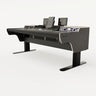 Right side view of the Binary premium studio desk for Avid S4 with padded arm rest and 4x 2 rack units on the desktop. Integrated cable management and powder coated steel legs. Black with expressed plywood edge