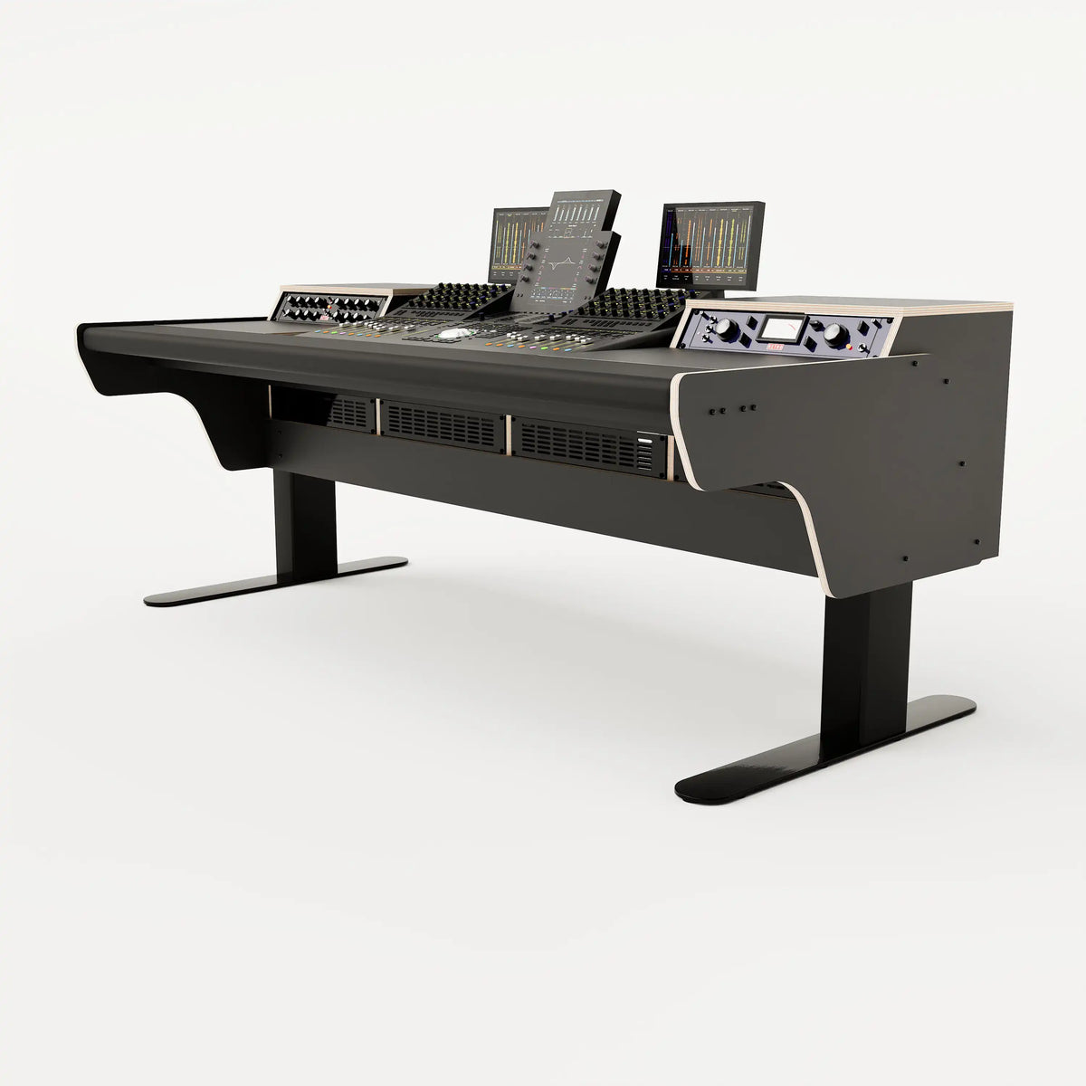 Right side view of the Binary premium studio desk for Avid S4 with padded arm rest and 4x 2 rack units on the desktop. Integrated cable management and powder coated steel legs. Black with expressed plywood edge