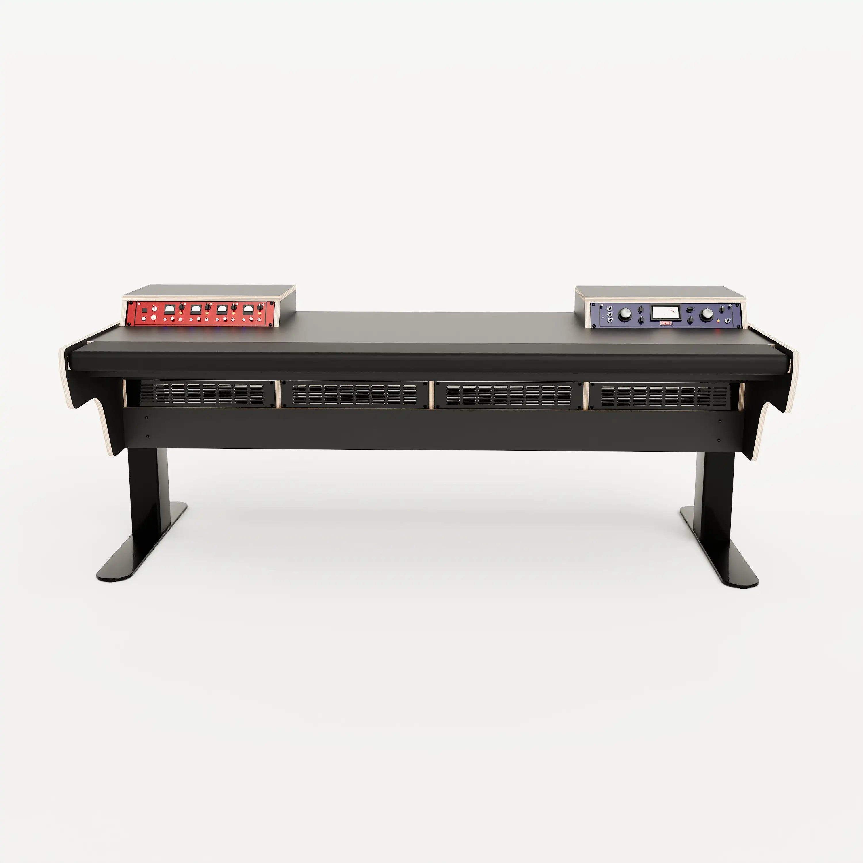 Front view of the Binary premium studio desk for keyboard instruments with 2x 2 rack units on the desktop. Integrated cable management and powder coated steel legs. Black with expressed plywood edge.