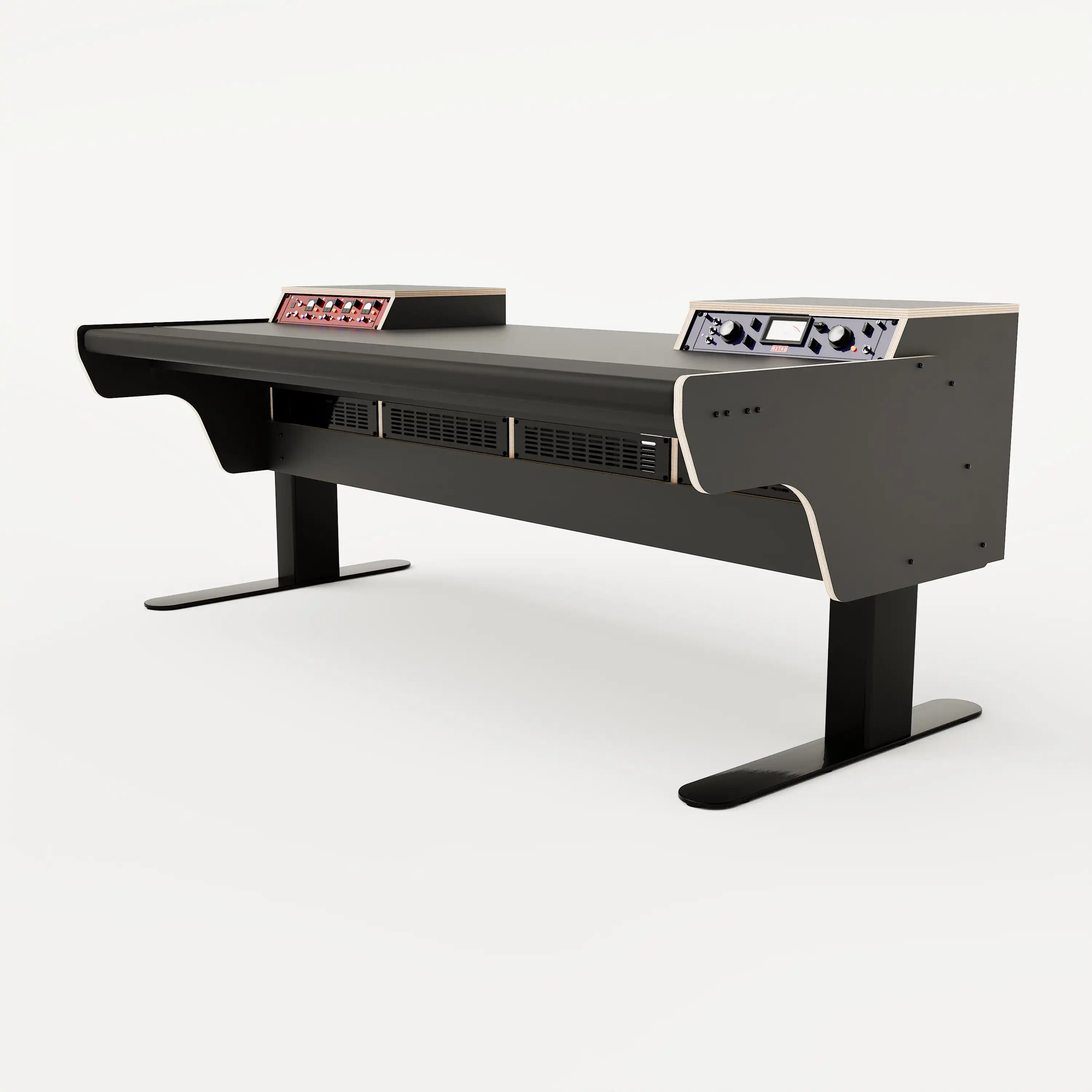 Right side view of the Binary premium studio desk with padded arm rest and 2x 2 rack units on the desktop. Integrated cable management and powder coated steel legs. Black with expressed plywood edge.