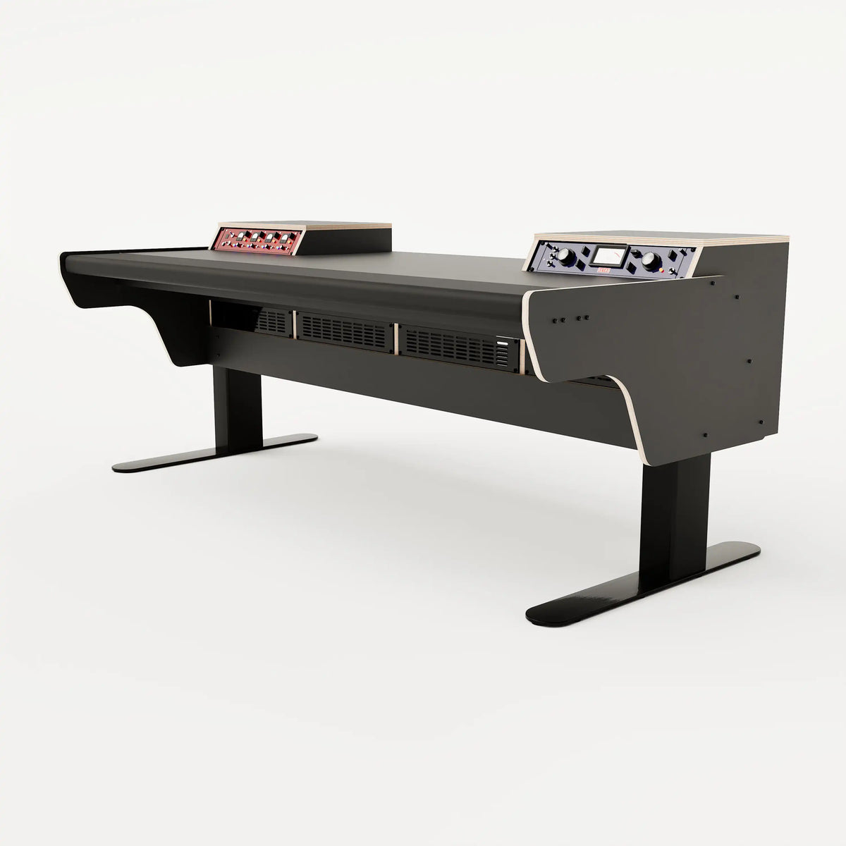 Right side view of the Binary premium studio desk with padded arm rest and 2x 2 rack units on the desktop. Integrated cable management and powder coated steel legs. Black with expressed plywood edge.