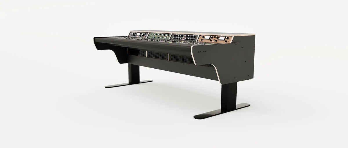 Wide angle view of the Binary premium studio desk for SSL UF8 with padded arm rest and 4x 2 rack units on the desktop. Integrated cable management and powder coated steel legs. Black with expressed plywood edge.