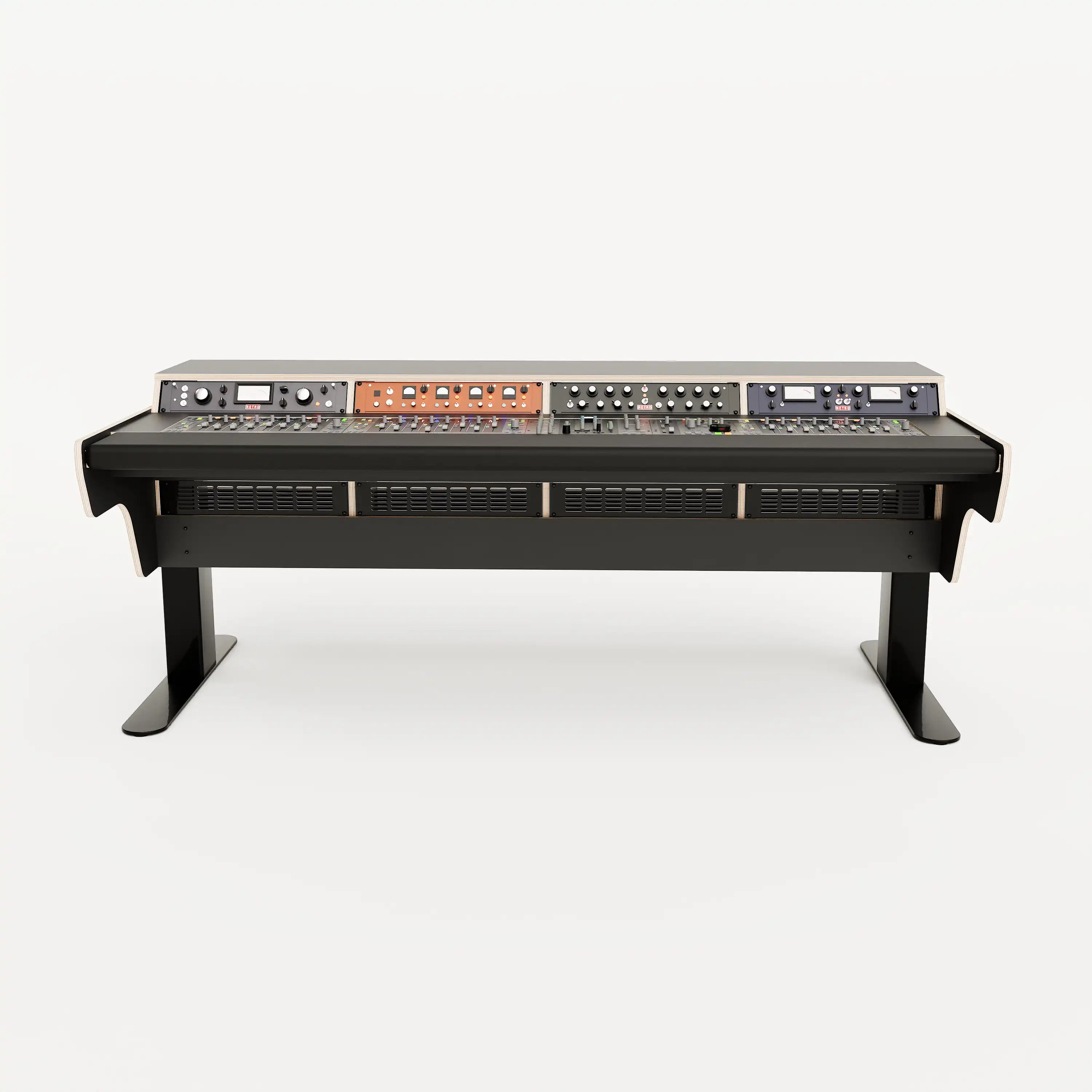 Front view of the Binary premium studio desk for SSL UF8 with padded arm rest and 4x 2 rack units on the desktop. Integrated cable management and powder coated steel legs. Black with expressed plywood edge.