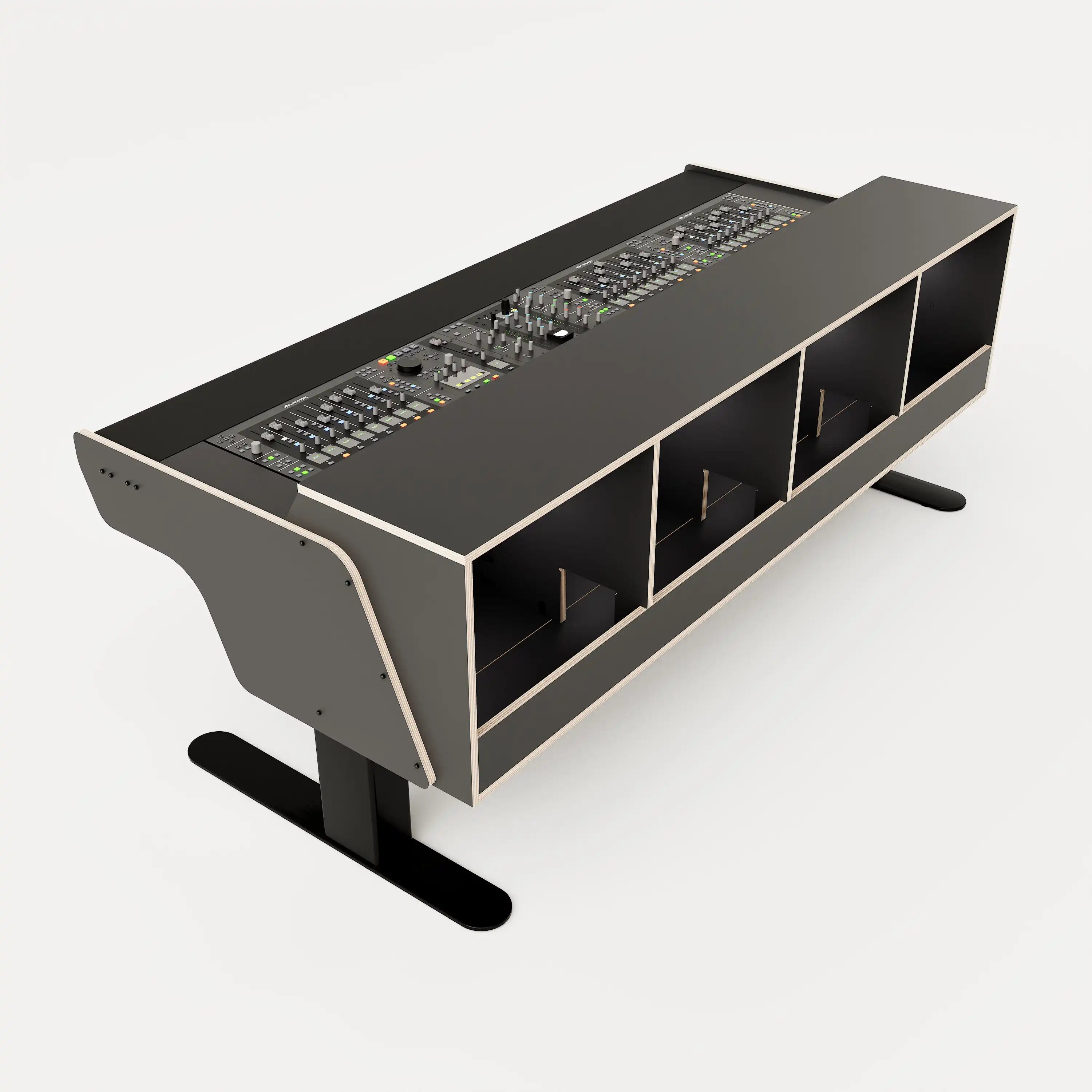 Rear view of the Binary premium studio desk for SSL UF8 with padded arm rest and 4x 2 rack units on the desktop. Integrated cable management and powder coated steel legs. Black with expressed plywood edge.