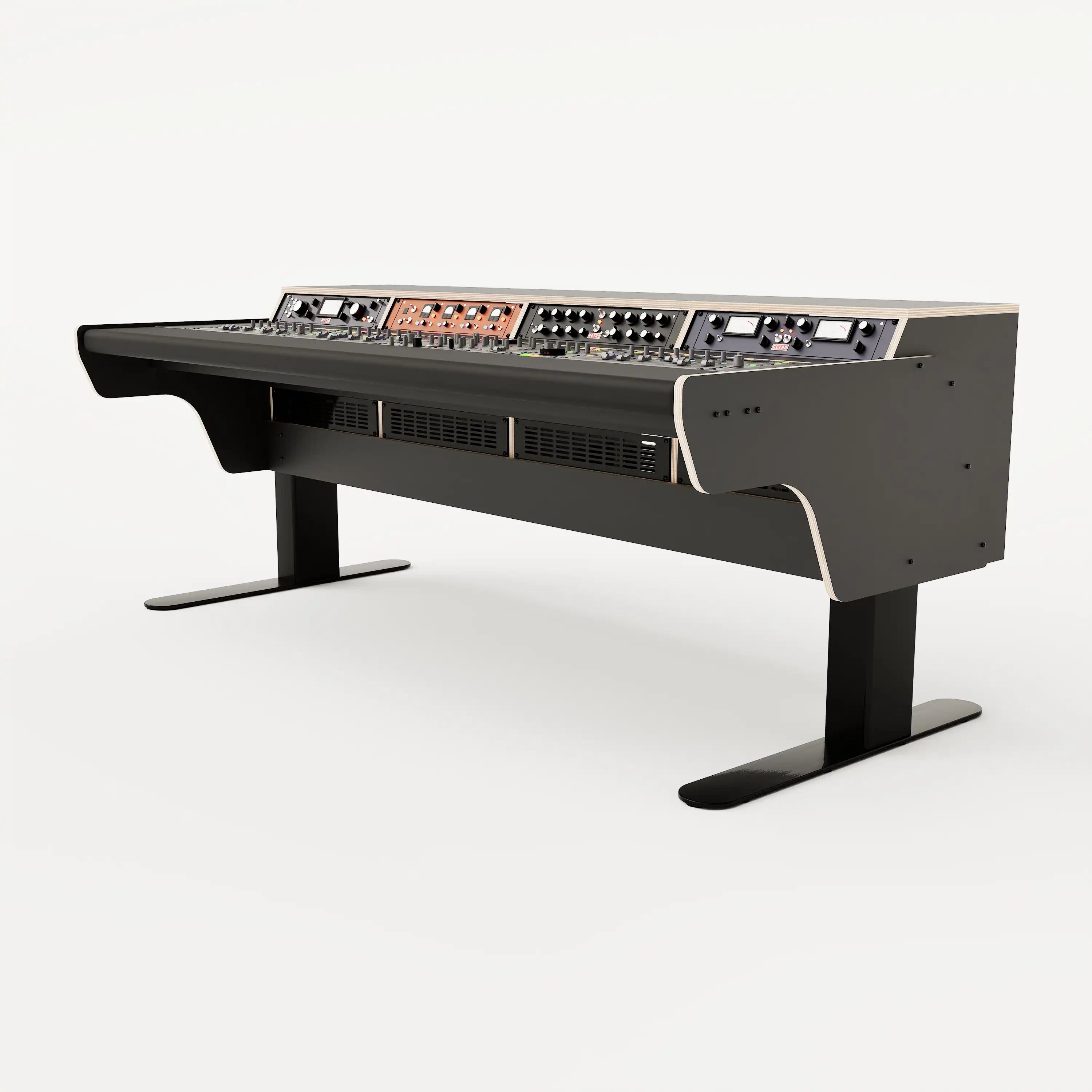 Right side view of the Binary premium studio desk for SSL UF8 with padded arm rest and 4x 2 rack units on the desktop. Integrated cable management and powder coated steel legs. Black with expressed plywood edge.