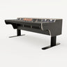Right side view of the Binary premium studio desk for SSL UF8 with padded arm rest and 4x 2 rack units on the desktop. Integrated cable management and powder coated steel legs. Black with expressed plywood edge.