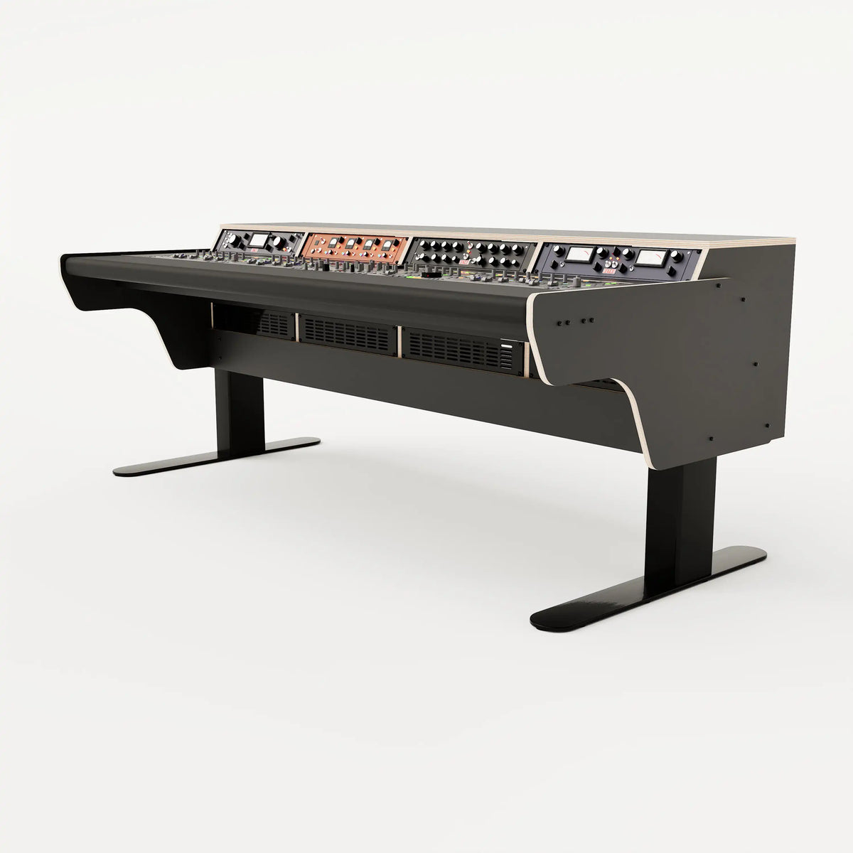 Right side view of the Binary premium studio desk for SSL UF8 with padded arm rest and 4x 2 rack units on the desktop. Integrated cable management and powder coated steel legs. Black with expressed plywood edge.