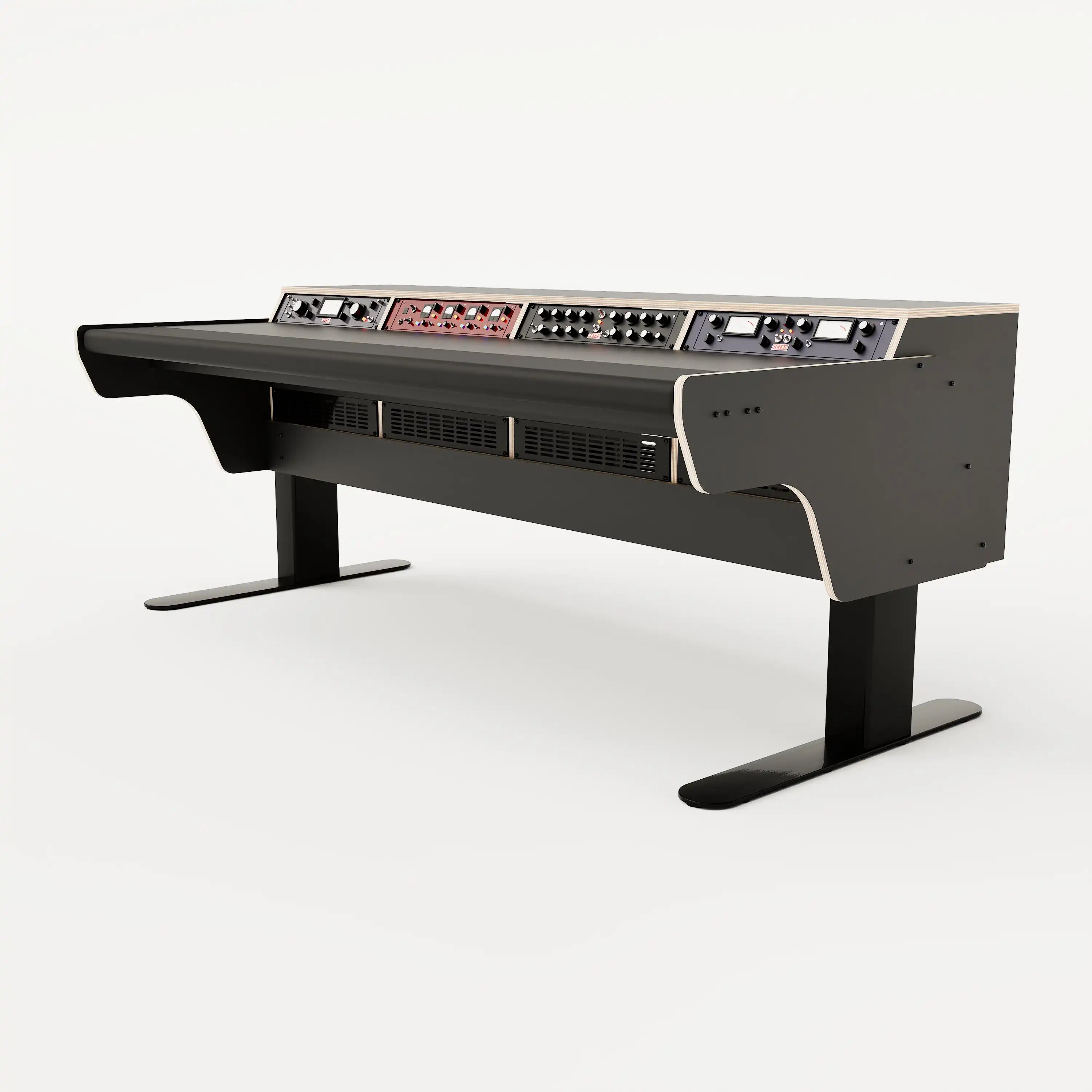 Right side view of the Binary premium studio desk with padded arm rest and 4x 2 rack units on the desktop. Integrated cable management and powder coated steel legs. Black with expressed plywood edge.