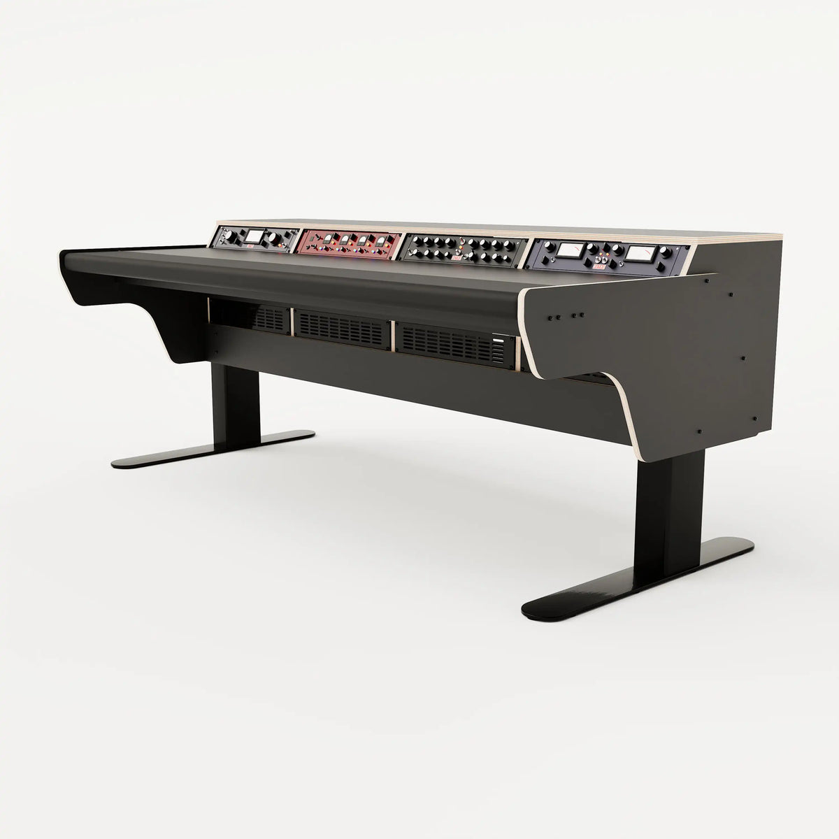 Right side view of the Binary premium studio desk with padded arm rest and 4x 2 rack units on the desktop. Integrated cable management and powder coated steel legs. Black with expressed plywood edge.