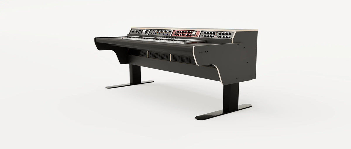 Wide angle right side view of the Binary premium studio desk for keyboard instruments with padded arm rest and 4x 2 rack units on the desktop. Integrated cable management and powder coated steel legs. Black with expressed plywood edge.