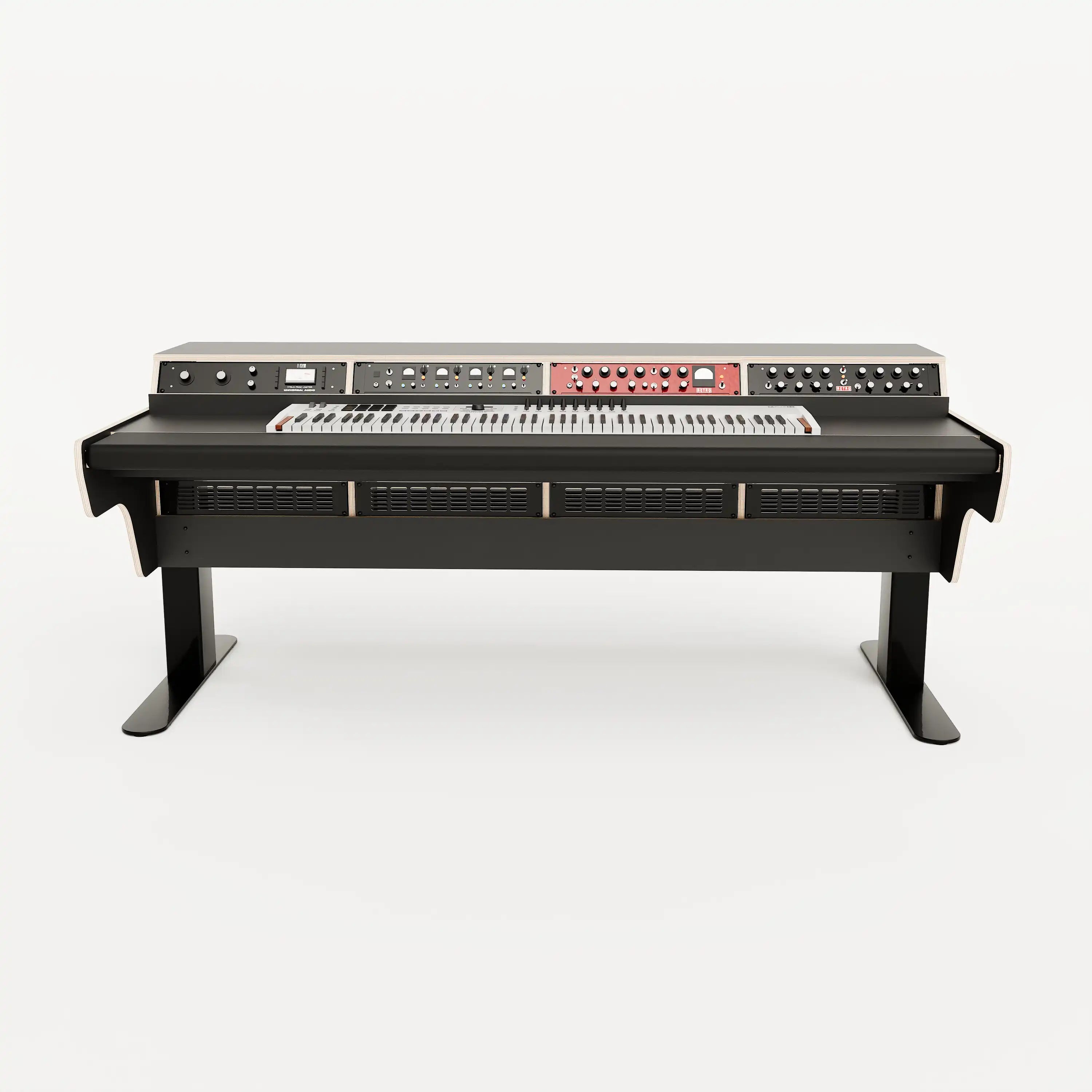 Front view of the Binary premium studio desk for Keyboards with padded arm rest and 4x 2 rack units on the desktop. Integrated cable management and powder coated steel legs. Black with expressed plywood edge.