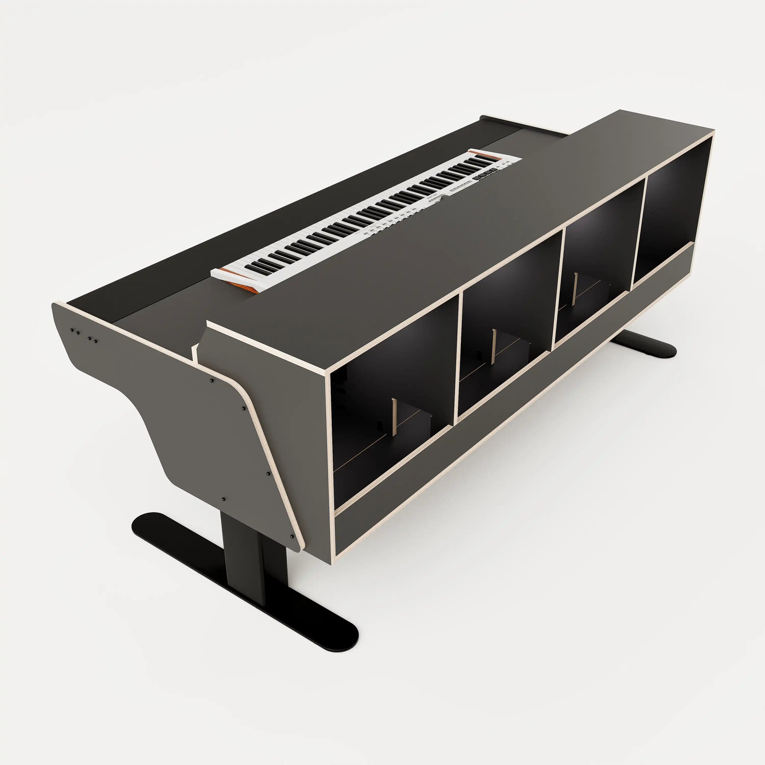 Rear view of the Binary premium studio desk for Keyboards with padded arm rest and 4x 2 rack units on the desktop. Integrated cable management and powder coated steel legs. Black with expressed plywood edge.