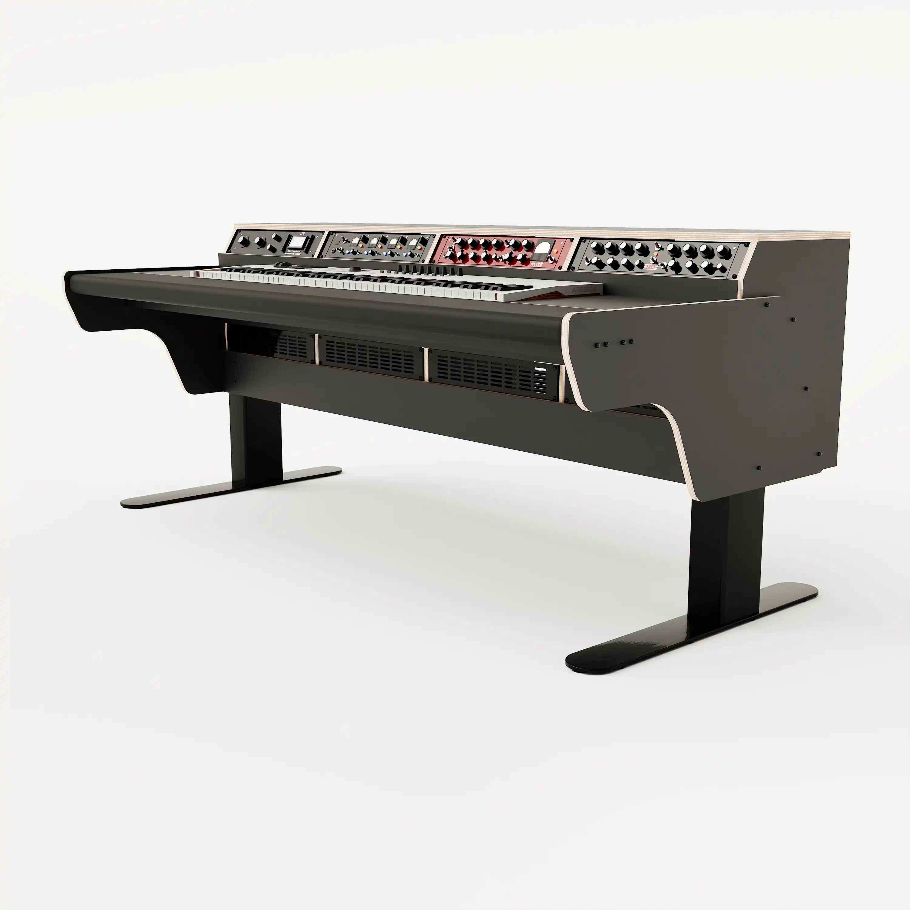 Right side view of the Binary premium studio desk for Keyboards with padded arm rest and 4x 2 rack units on the desktop. Integrated cable management and powder coated steel legs. Black with expressed plywood edge.