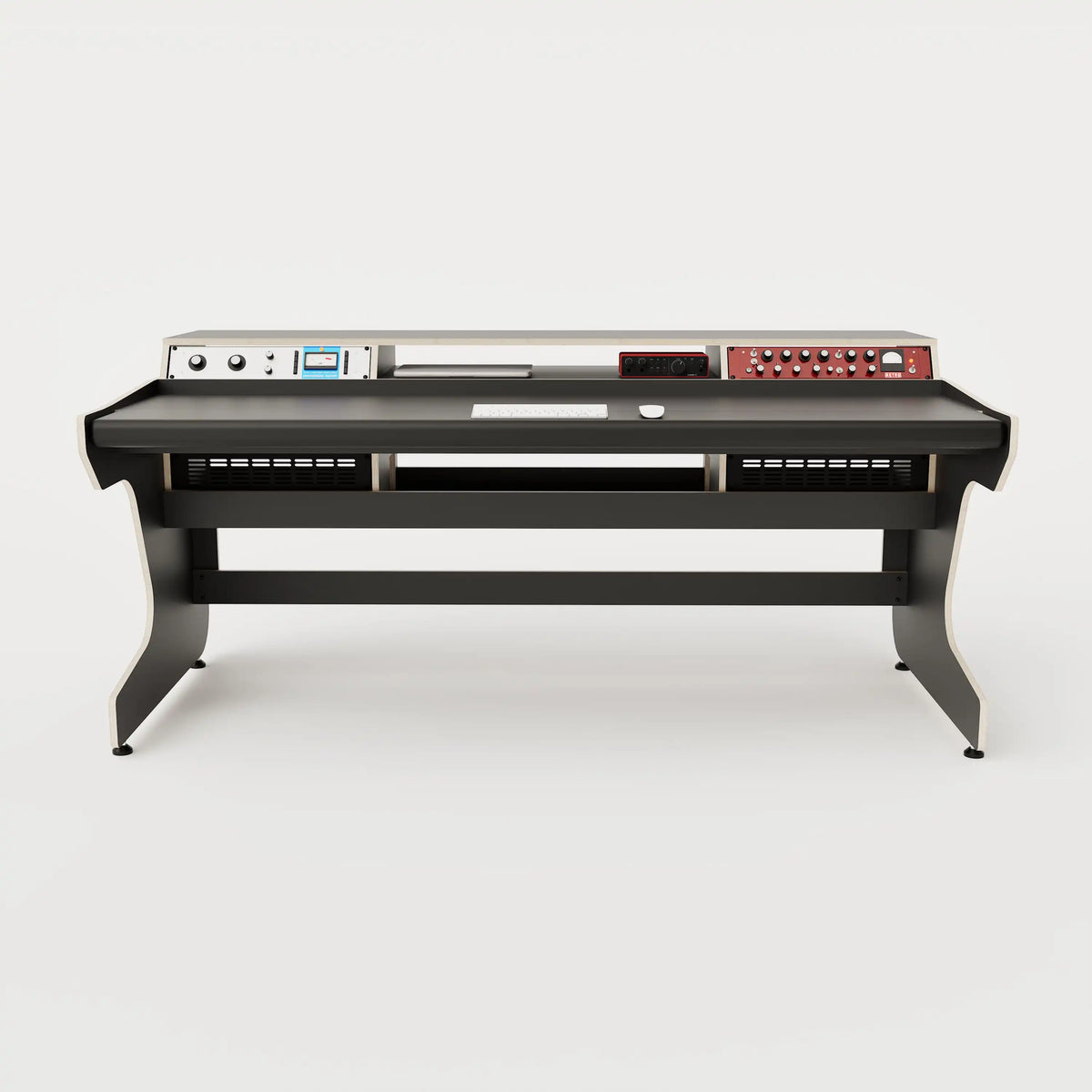 Front view of the Callisto 1922 studio desk with padded arm rest and 2x 2 rack units on the desktop. Integrated cable management. Black with expressed  plywood edge.