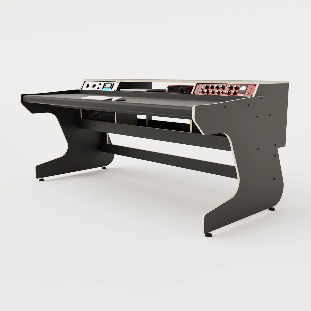 Right side view of the Callisto 1922 studio desk with padded arm rest and 2x 2 rack units on the desktop. Integrated cable management. Black with expressed  plywood edge.