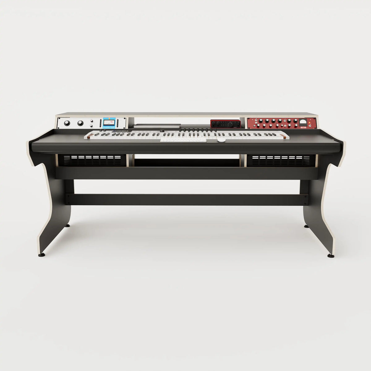 Front view of the Callisto 1922 studio desk for keyboards with padded arm rest and 2x 2 rack units on the desktop. Integrated cable management. Black with expressed  plywood edge.