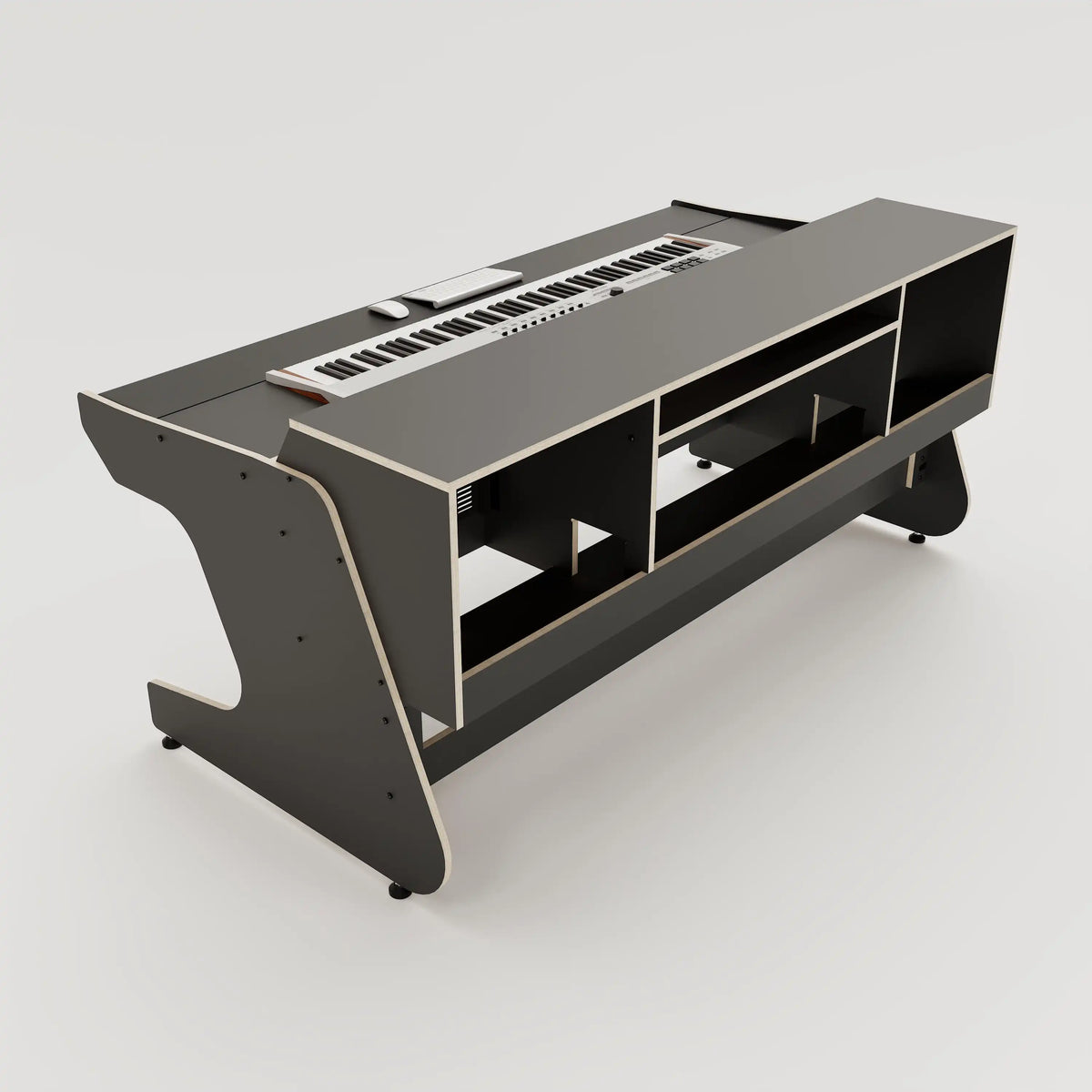 Rear view of the Callisto 1922 studio desk for keyboards with padded arm rest and 2x 2 rack units on the desktop. Integrated cable management. Black with expressed  plywood edge.