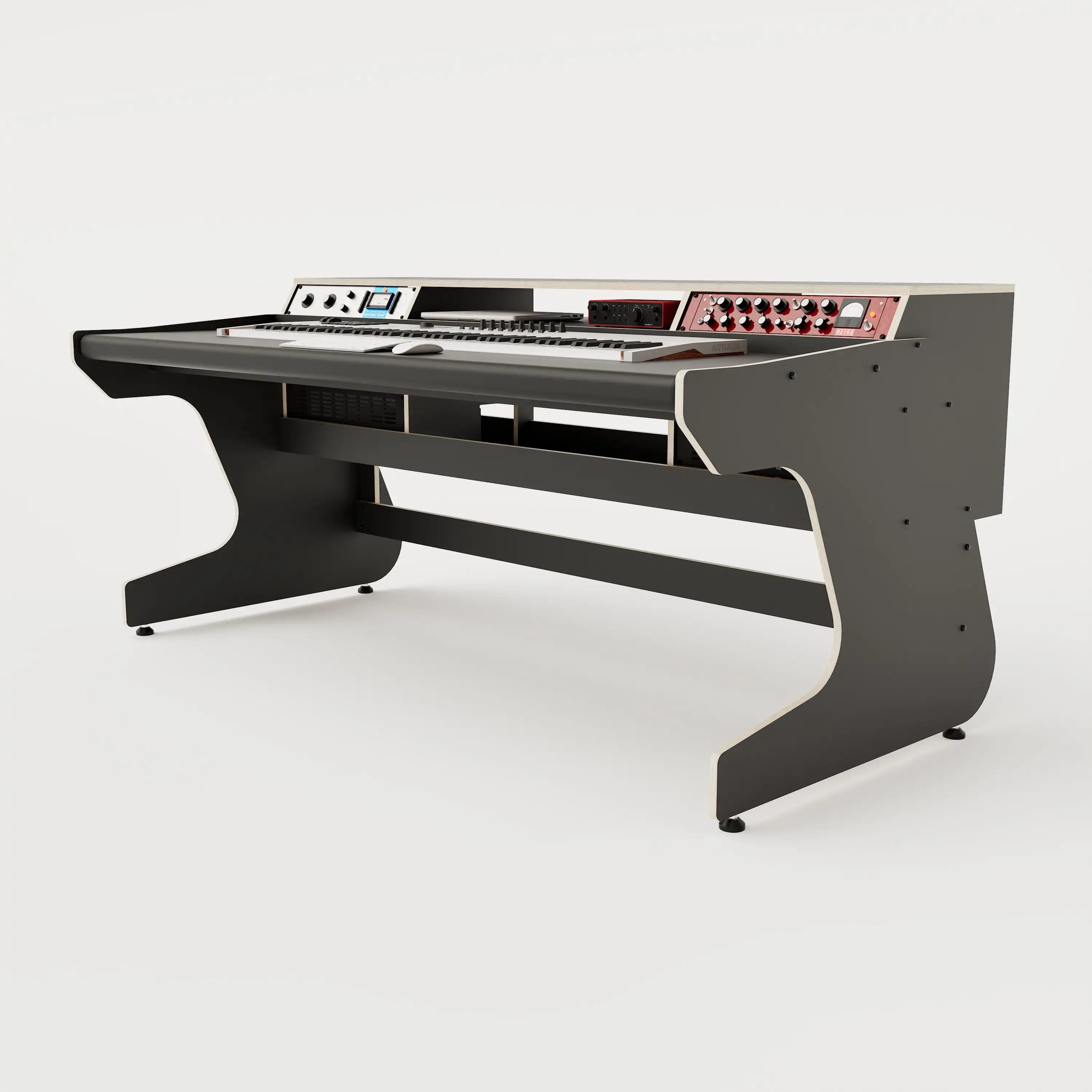 Right side view of the Callisto 1922 studio desk for keyboards with padded arm rest and 2x 2 rack units on the desktop. Integrated cable management. Black with expressed  plywood edge.