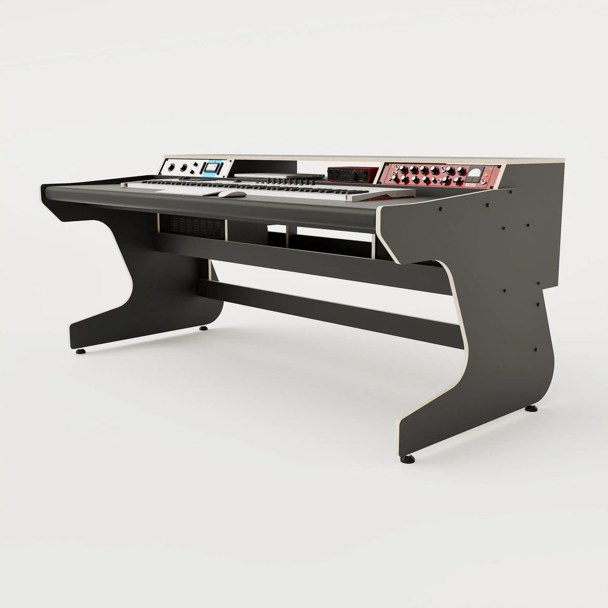 Right side view of the Callisto 1922 studio desk for keyboards with padded arm rest and 2x 2 rack units on the desktop. Integrated cable management. Black with expressed  plywood edge.